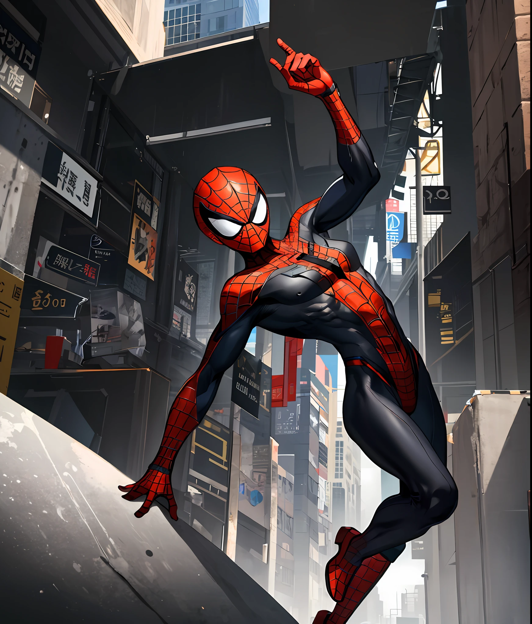 (tmasterpiece, Best quality at best), Complicated details, 8K, art stations, the wallpaper, offcial art, Spidey, skyscrapper, 城市, Buildings, the street, Dynamic pose