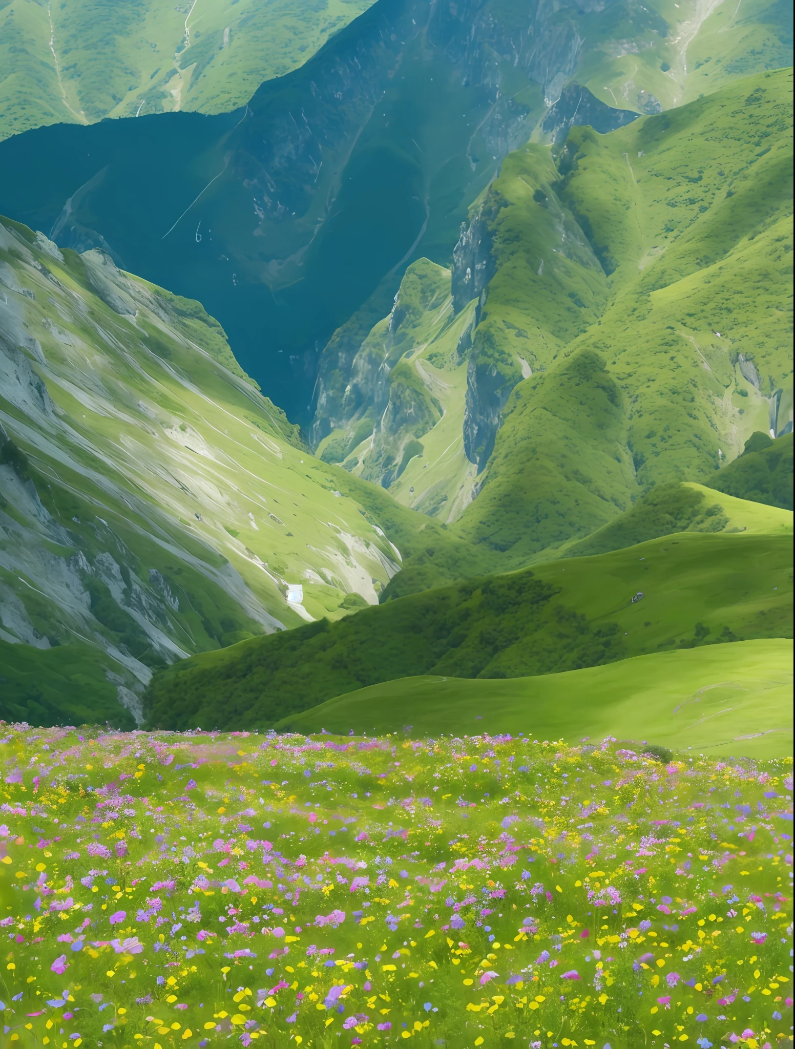 Mountains with green valleys and flower fields, Vast lush valley flowers, Valle encantador, Majestic nature, mountainous terrain, High quality wallpaper, mountainous setting, stunning nature in background, beatiful mountain background, mountainous background, mountainous terrain. rare flora, very beautiful scenery, very very beautiful scenery, breathtaking landscape, in a valley, Beautiful wallpaper
