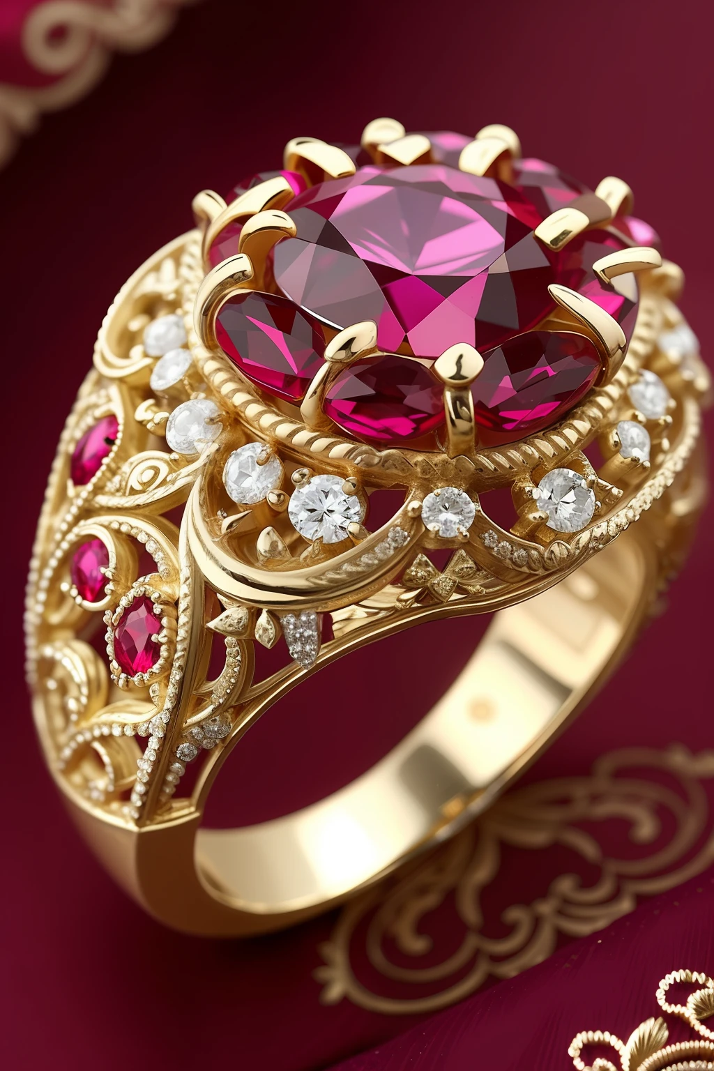 um close up de um anel com uma grande pedra rosa cercada por diamantes, fotografia de joias, joias detalhadas, joias vermelhas, joias intrincadas, joias ornamentadas, joias detalhadas, joias ornamentadas, detalhes finos requintados, joias de ouro, joias ornamentadas e intrincadas, design de joias, agarrando filigrana intrincada, filigrana dourada e vermelha, Gemas ornamentadas, Rubis, filigrana de joias de ouro --auto