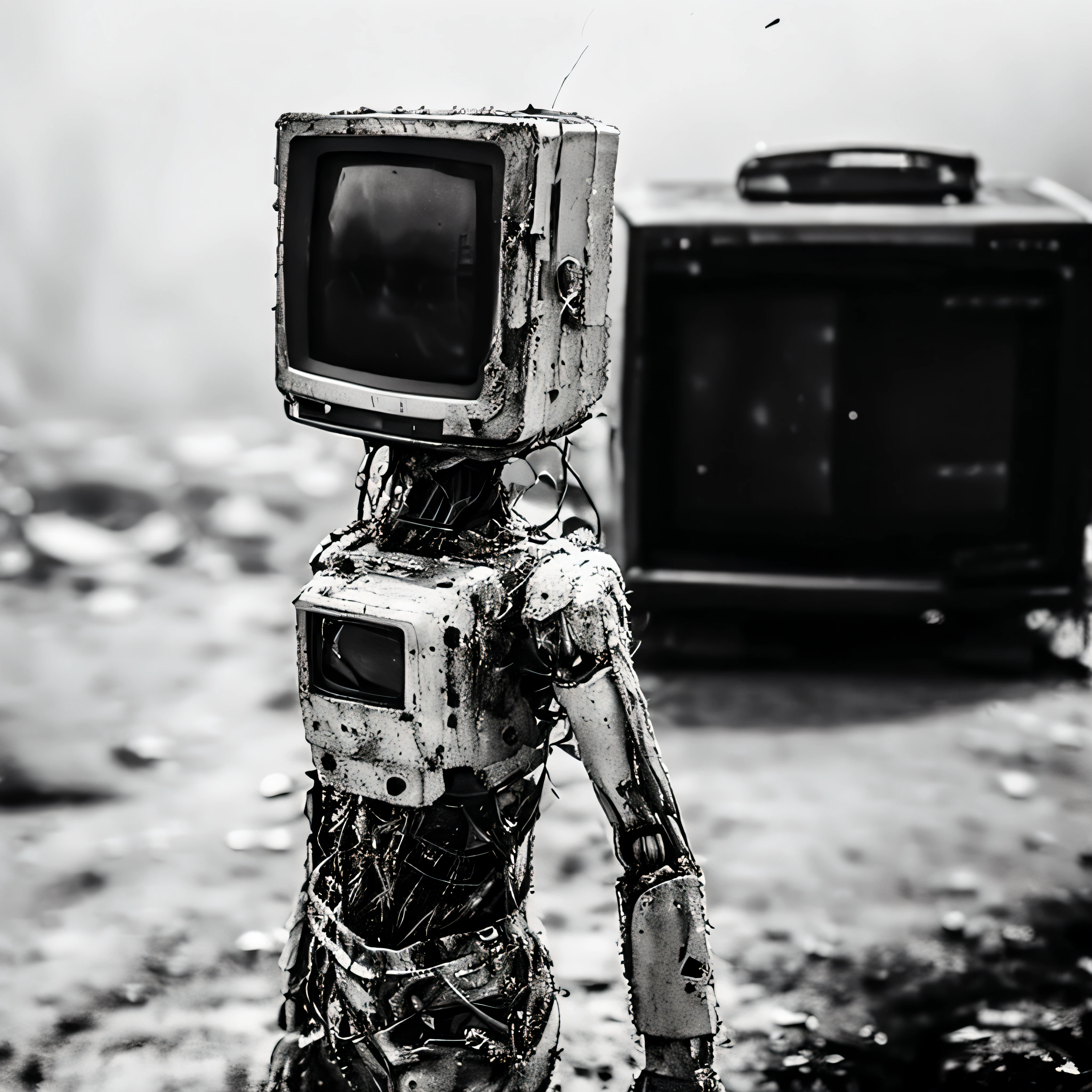 masterpiece, best quality, intricated detail, monochrome, greyscale,
b1libili, tv head, solo, skinny, fullbody, walking, cable, damaged, blurry, no humans, blurry background, robot, mecha, science fiction, realistic, damaged