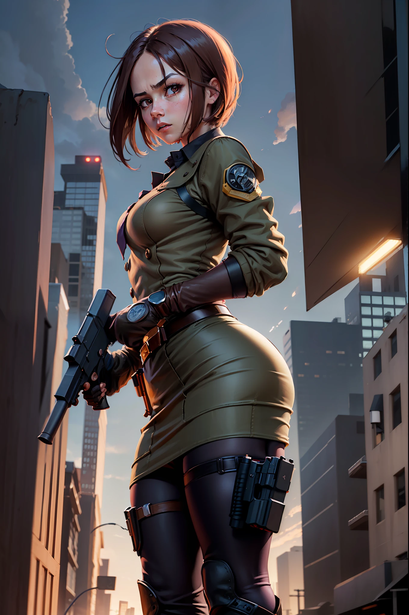 1girl, aiming, brown_hair, short hair, tied hair, finger_on_trigger, gun, two handed holding weapon, large-caliber handgun, holding, holding_gun, holding_weapon, holster, jacket, m1911, miniskirt, full brown pantyhose, pencil_skirt, pistol, revolver, skirt, solo, trigger_discipline, weapon, purple eyes, dynamic action stance, grim expression, city backdrop, ankle-high boots, full character design, suit and tie, red necktie