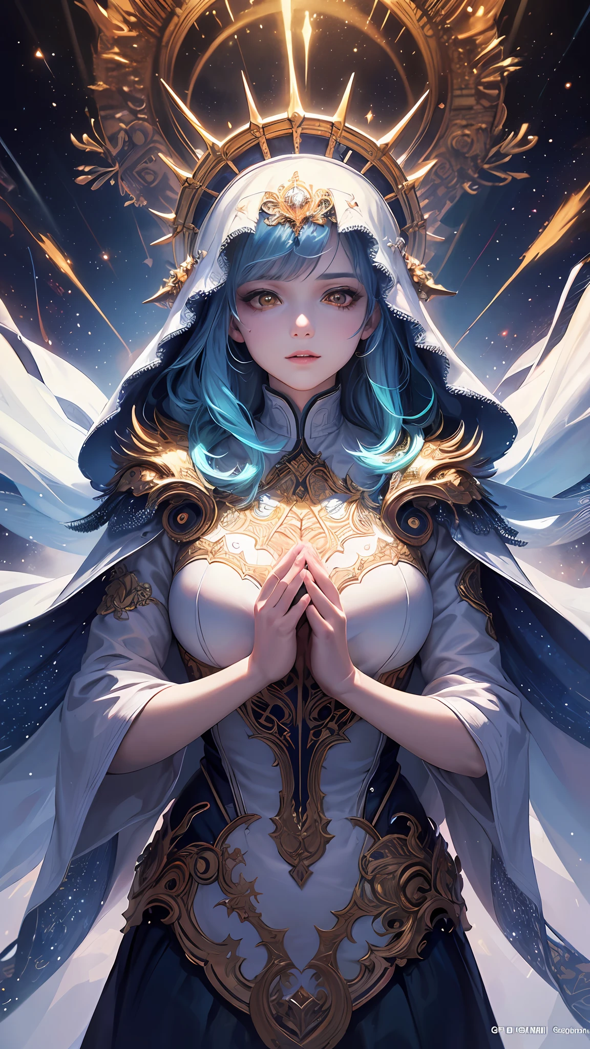 (masterpiece, top quality, best quality, official art, beautiful and aesthetic:1.2), (1girl), extreme detailed, (fractal art:1.3), colorful, highest detailed, perfect face, upper body, HDR, (praying:1.3), (white cloak golden lines:1.2), galaxy, (light streaks), striking visuals, (dynamic streaks, luminous trails:1.2), vibrant colors,