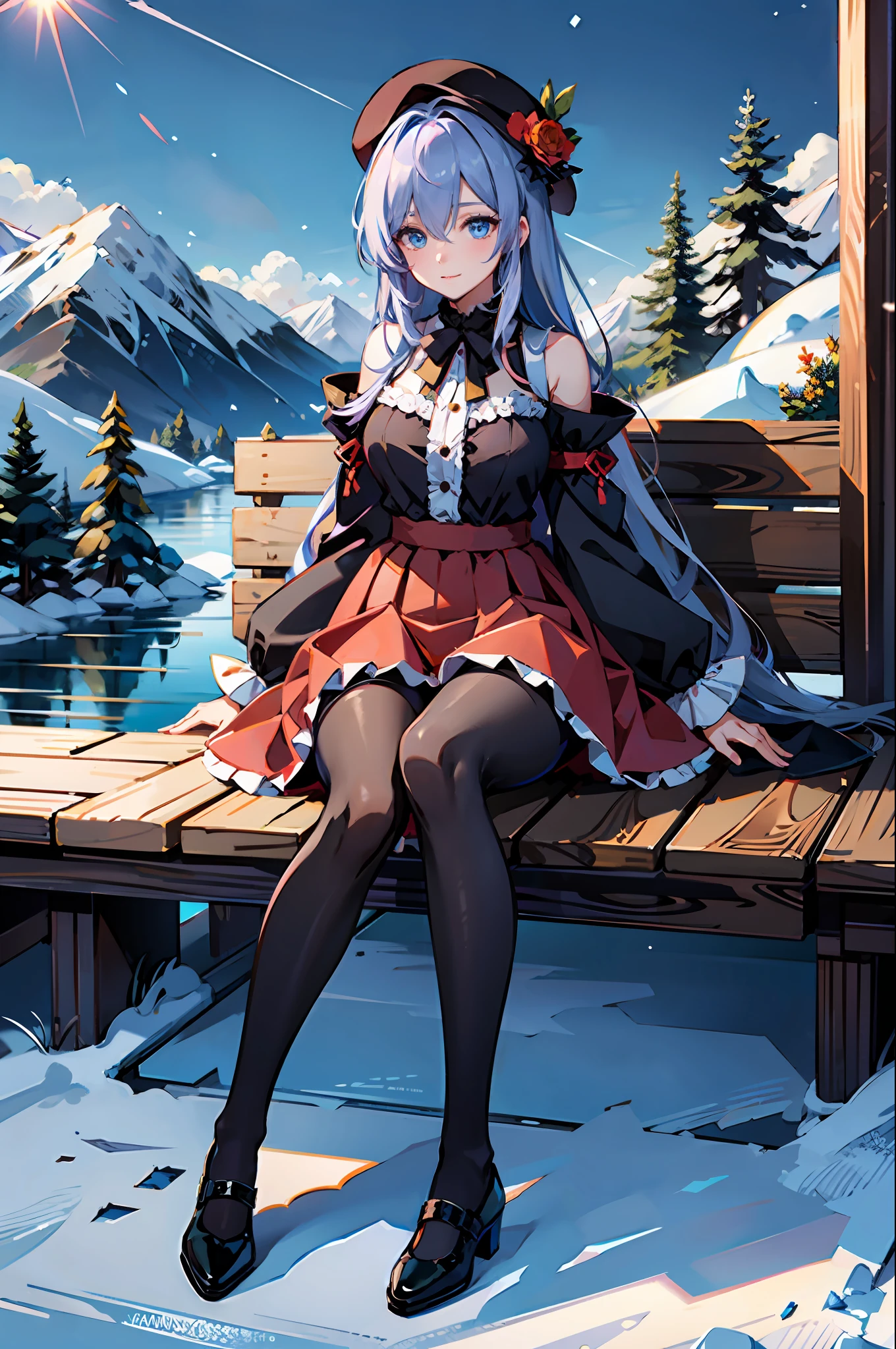 Masterpiece quality,Winter snowfield,1个Giant Breast Girl,eBlue eyes,wearing hat,Wear brown shoes and dresses,The skirt has frills,Fruit around,with whole body visible,Long hair covers eyes,longer sleeves,Look straight at the audience,Wear pantyhose,Purple skirt,Decorated with safflower and roses,Shoes on the feet,Sit there and play solo,There is the sun in the sky,Mountains and forests behind it,The lake is visible。