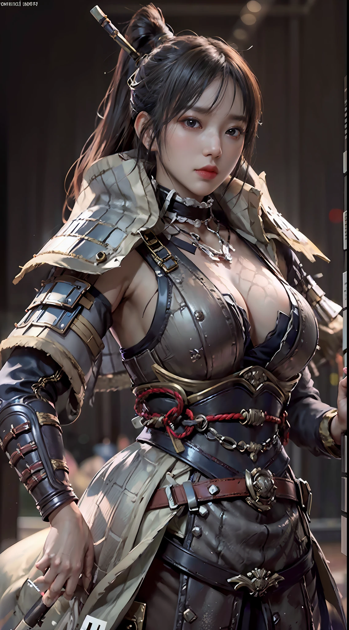 ((Unreal Engine 5)), Realistic rendering, Excellent, (Full set of samurai armor), (Cuirassiers), (Cloak), (The samurai were at the helm), looking on camera, Stand in the studio, Beautiful face, Makeup, CGImix, (Photorealism:1.2), ultrarealistic uhd face,Bare shoulders，Bare thighs, Slim waist, Hourglass figure, Half body, ((Glowing skin)), ((Shiny skin)), Realistic body, ((She has sexy bodies)), ((Clean skin)), Photorealistic, Bokeh, Motion blur, Masterpiece, A high resolution, 1080p, Super detail, Textured skin.