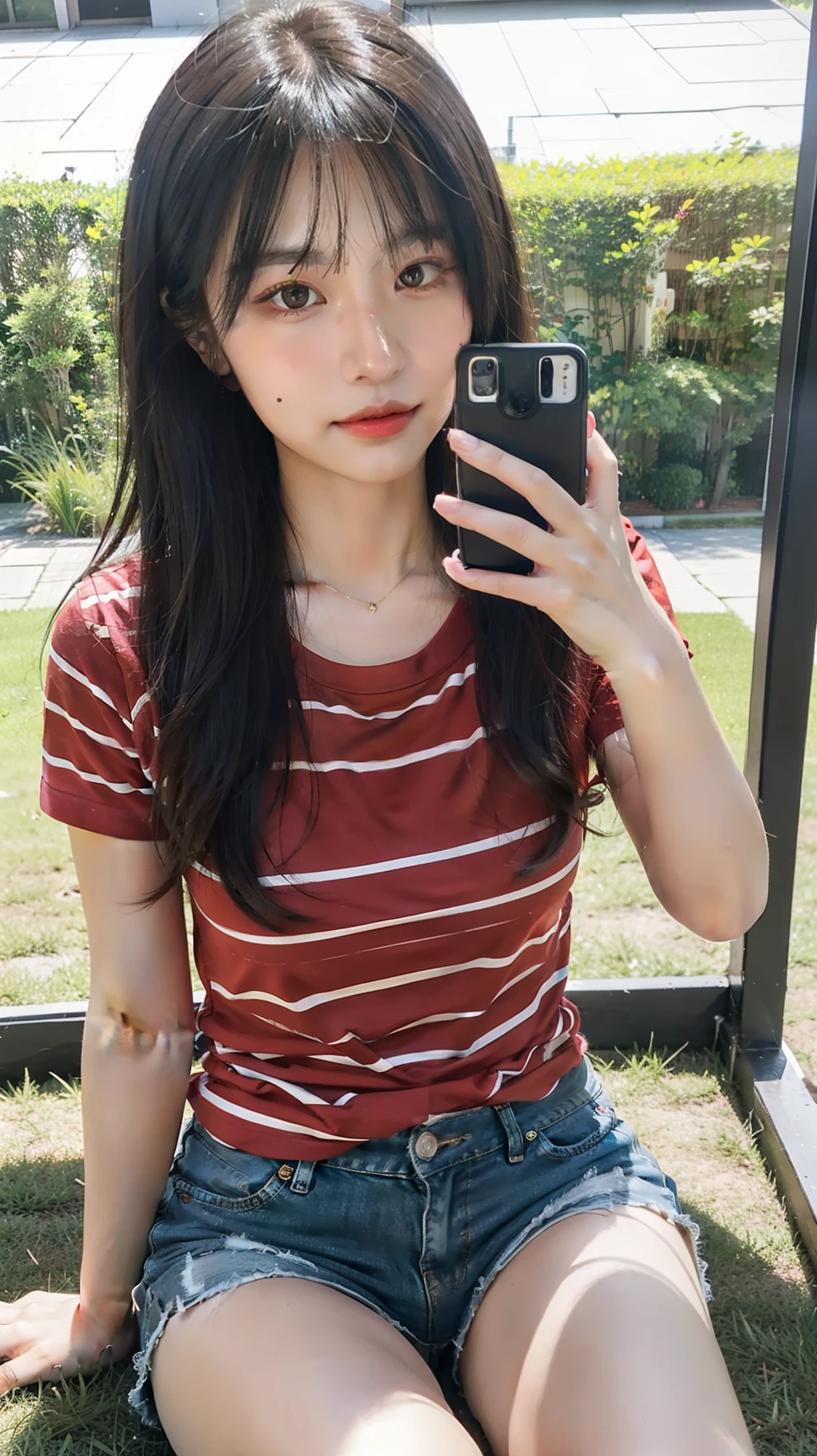 A beautiful Asian girl with a soft smile, straight hair white skin, smooth skin, medium breasts size, wearing red striped t-shirt, and shorts, sitting on the grass, selfie, reflection light, ray tracing, UHD, 1080P