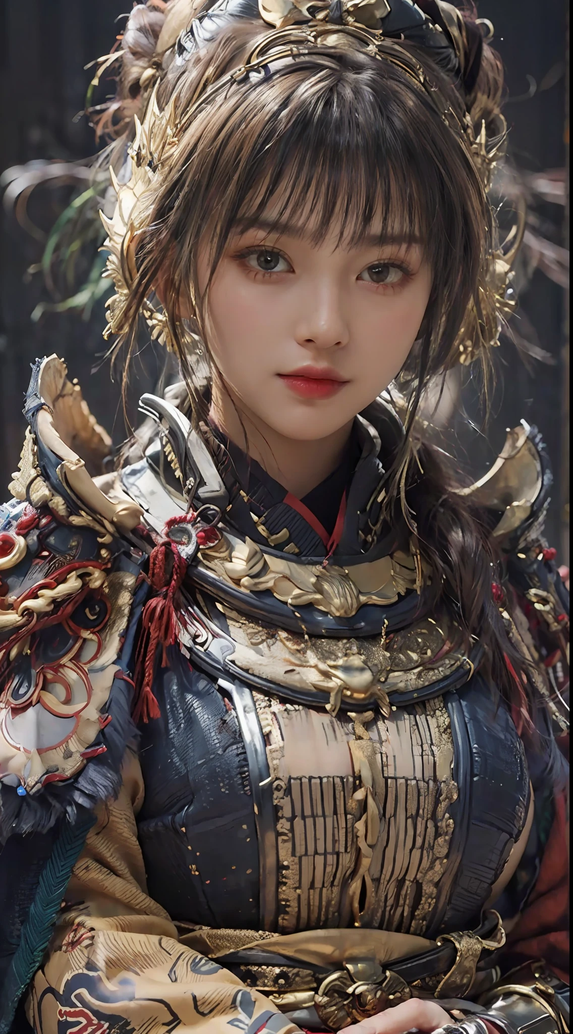 ((Unreal Engine 5)), Realistic rendering, Excellent, (Full set of samurai armor), (Cuirassiers), (Cloak), (The samurai were at the helm), looking on camera, Stand in the studio, Beautiful face, Makeup, CGImix, (Photorealism:1.2), ultrarealistic uhd face,, Slim waist, Hourglass figure, Half body, ((Glowing skin)), ((Shiny skin)), Realistic body, ((She has sexy bodies)), ((Clean skin)), Photorealistic, Bokeh, Motion blur, Masterpiece, A high resolution, 1080p, Super detail, Textured skin.