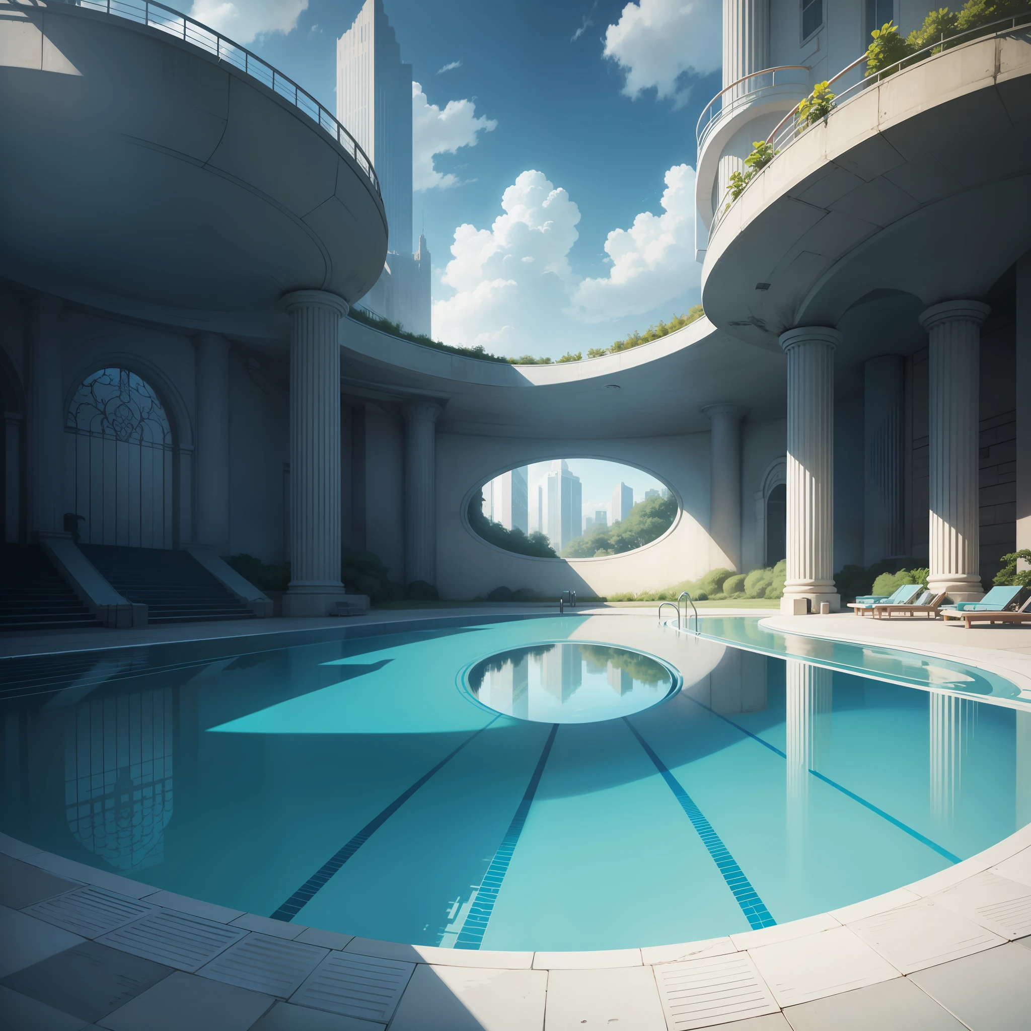 Empty pool、Huge pool in a beautiful sci-fi world、Amazing illustrations of the highest quality and ultra high resolution。Waterslide