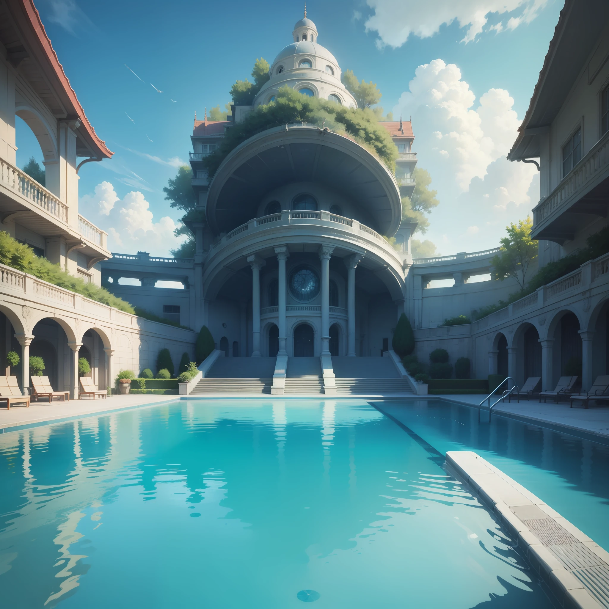 Empty pool、Huge pool in a beautiful sci-fi world、Amazing illustrations of the highest quality and ultra high resolution。Waterslide