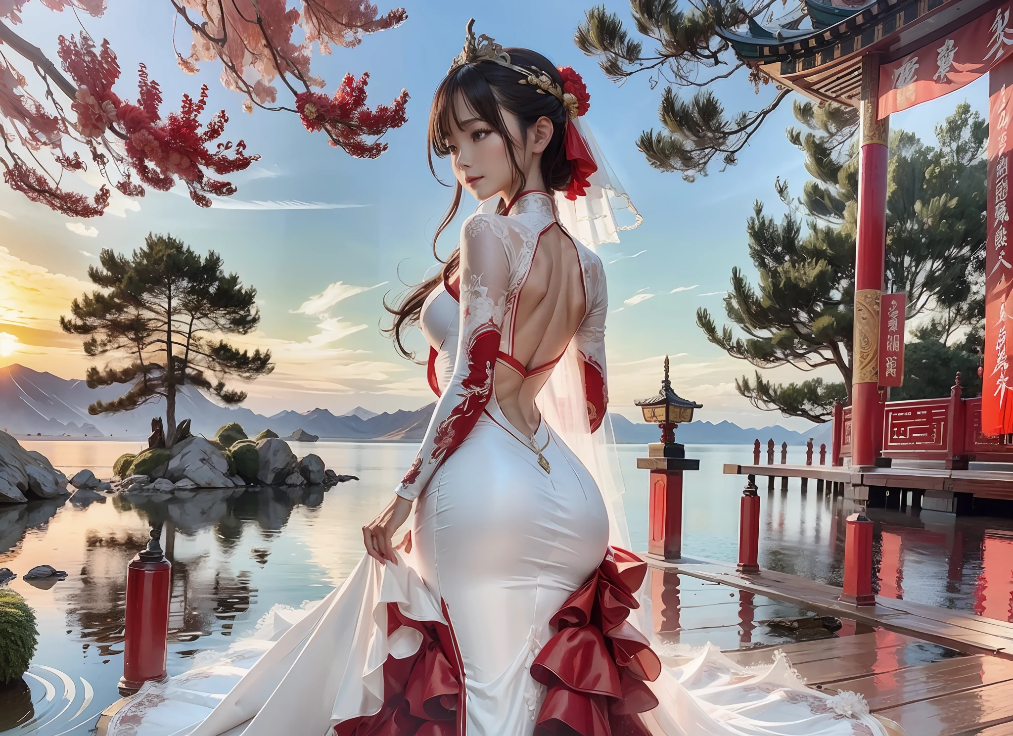 tmasterpiece,China-style,Best picture quality;Immortal CG,Extremely fine,8k wallpaper level;Romantic aesthetics,Ultimate purity,Floating screen;A bride with her full back to the camera,Dressed in gorgeous wedding dresses,Wear a red hood,Standing in the picturesque red sea on the other side;The sky is covered with red light,It's like a sea of fire,Suffocating。