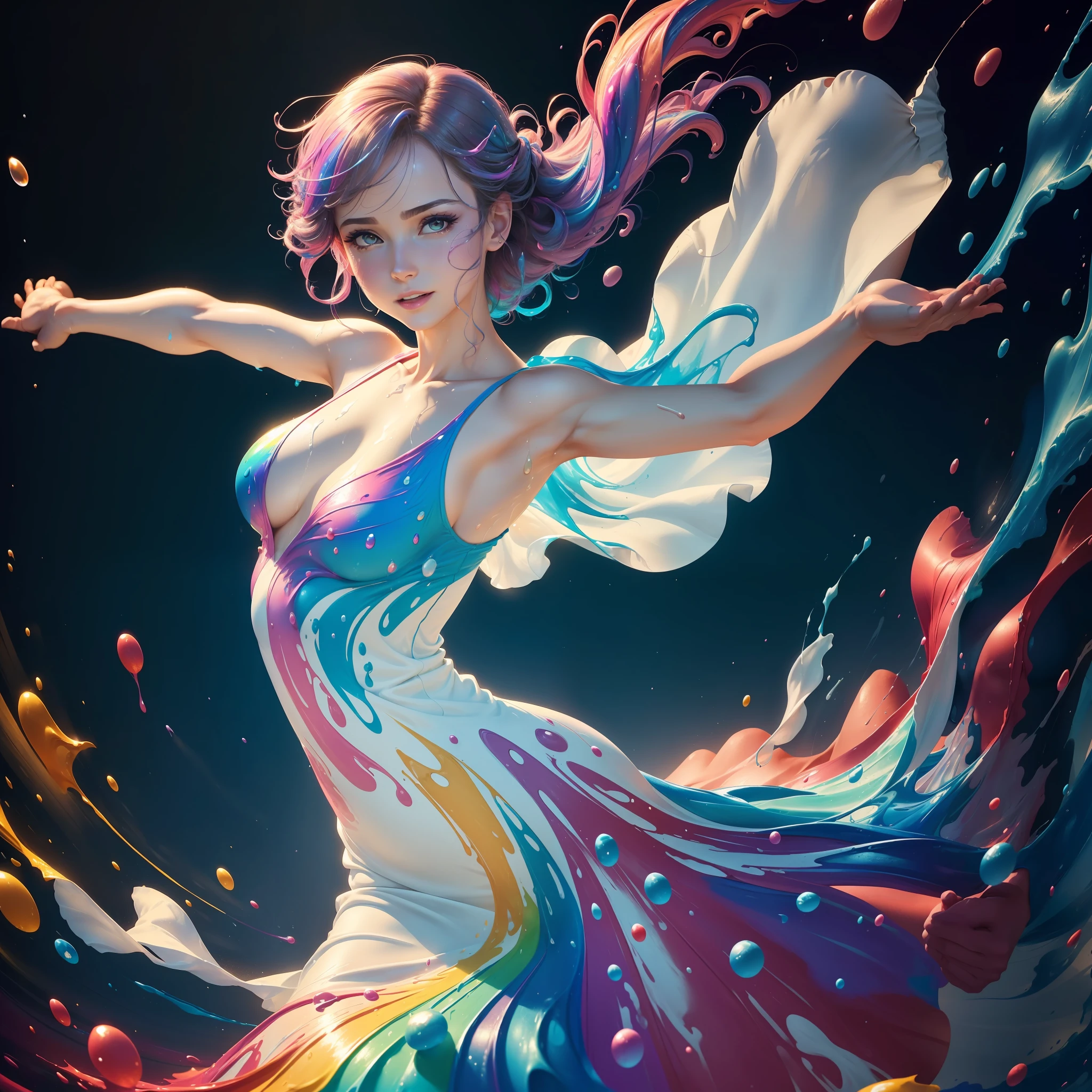 a mature woman dancing like a ballerina, ballerina dress made of thick liquid paint, bright background, full body shot, paint raining, thick paint rainbow hair, body covered with paint, joyful, ((sfw)), calm facial expression, relaxed, gentle, (clothes made of liquid paint)), front view, ((small breasts, relaxed face, relaxed shoulders)), ((dynamic pose)), liquid details, correct anatomy, both arms visible, (((perfect hands, correct hands, beautiful hands)))