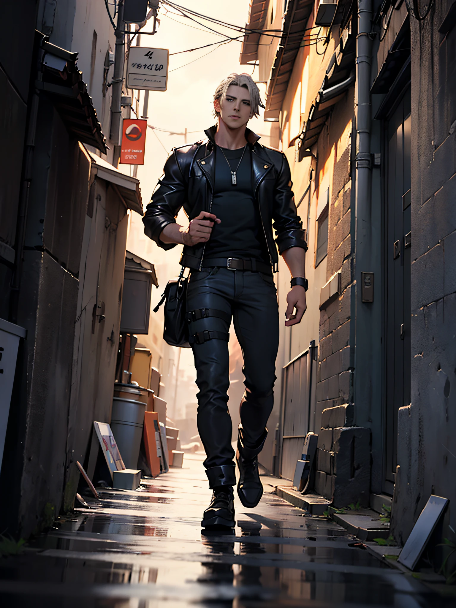 1 man, young, 27 years old, Leon S. Kennedy from Resident evil 4, face of Eudard Badaluta, solo, white skin tone, muscular, muscular man, slim, tall, hunk, broad shoulder, clean shaven, gray hair, curtain hairstyle, cold long sleeved leather jacket, black color T-shirt underneath, black pants, holding a pistol in his right hand, looking straight ahead, high resolution: 1.2, best quality, full body photo, cloudy sky and old alley background city, night, low camera angle, volumetric lighting, depth of field, shadow