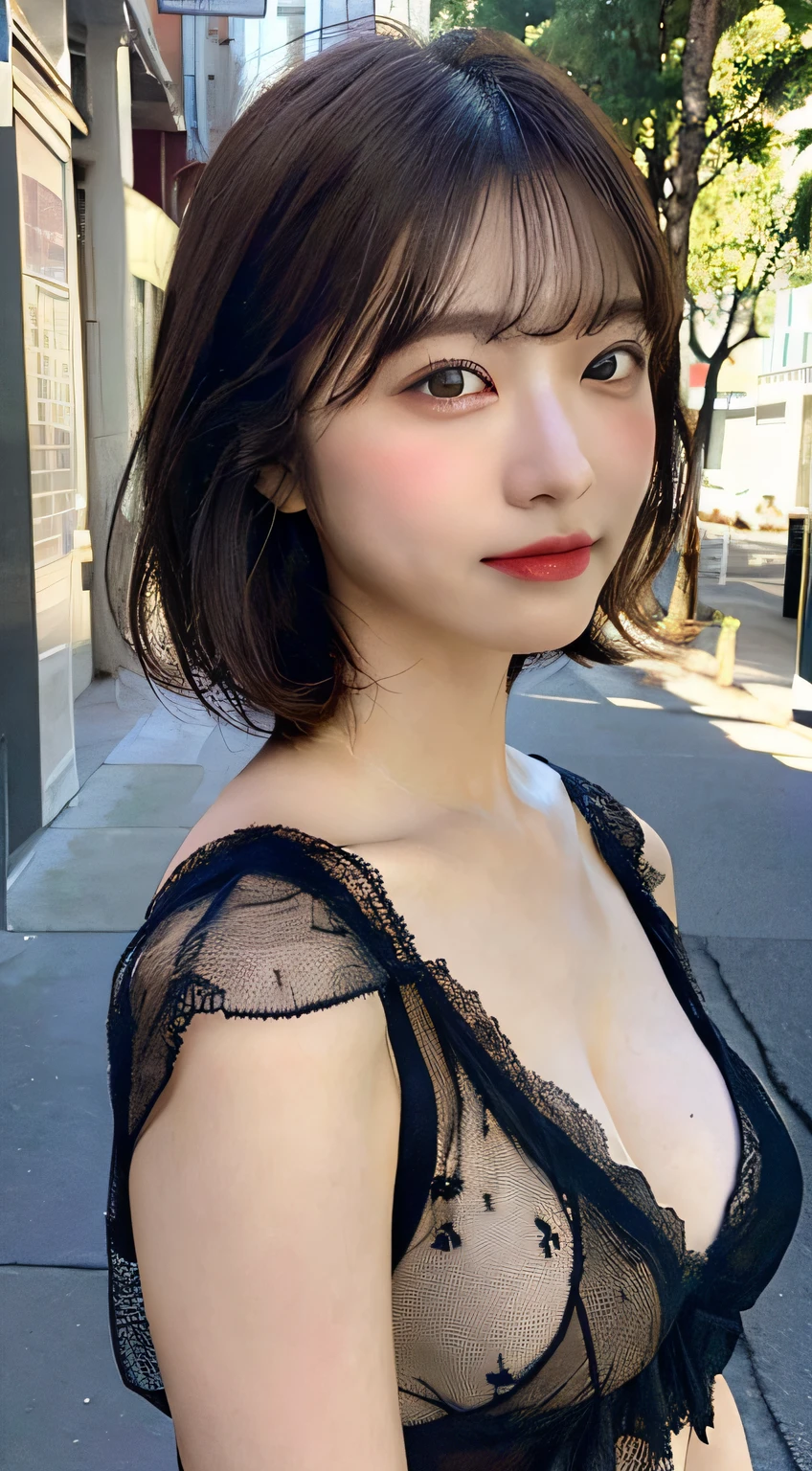 ((top-quality、8K、​masterpiece：1.3))、foco nítido：1.2、Beautiful Women in Perfect Style：1.4、Slender Abs：1.2、((dark brown hair、a short bob、small tits：1.2))、(natural soft light、City Street:1.1)、Highly detailed facial and skin texture、A detailed eye、二重まぶた、((Sheer Lingerie 1.5))
