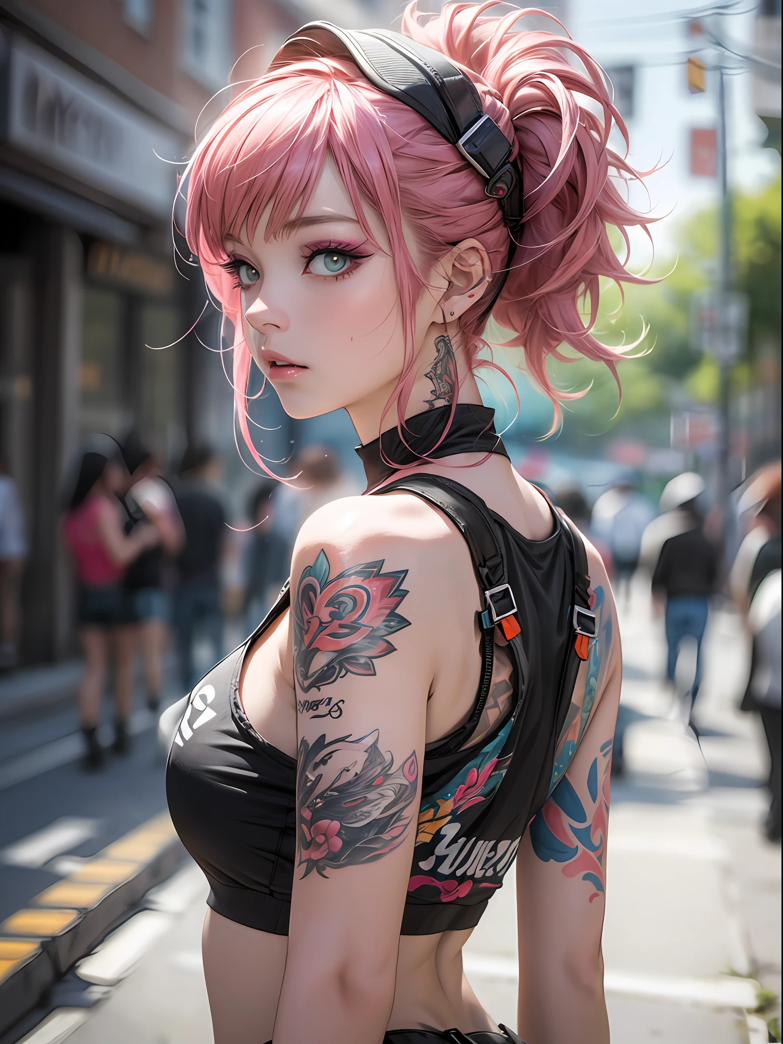 (top-quality、8K、32K、masterpiece、nffsw:1.3)、(Photorealsitic:1.4),18-year-old punk girl,、Wacky punk hair,Radical punk fashion,Tank Tops、Wacky makeup、A pink-haired,、A lot of tattoos on the body,、Street background、depth of fields,blurry backround,,,,,,,,,,,,
