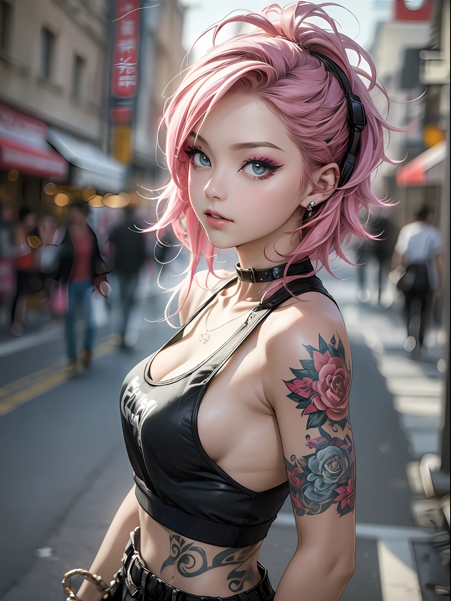 (top-quality、8K、32K、masterpiece、nffsw:1.3)、(Photorealsitic:1.4),18-year-old punk girl,、Wacky punk hair,Radical punk fashion,Tank Tops、Wacky makeup、A pink-haired,、A lot of tattoos on the body,、Street background、Backlight effect、depth of fields,blurry backround,,,,,,,,,,,,