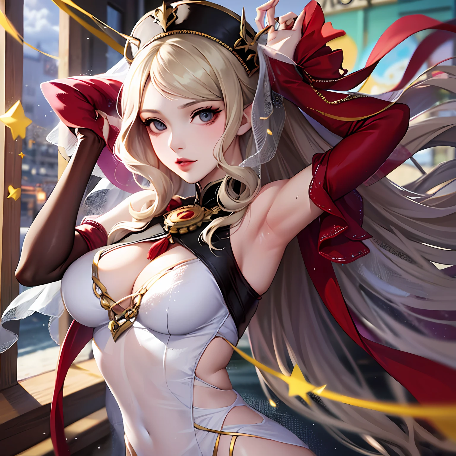 Mulher com cabelo loiro, anime sedutora, Anime Garota Cosplay, roupa de freira, white veil, Ann Takamaki de Persona 5, gama murata e artgerm, anime hiper realista, Pose sexy, Gravidade Rush Inspirado, aluna hiperrealista, anime fotorrealista | | | | | pernas abertas, sentado, roupa transparente, calcinha, cabelo loiro