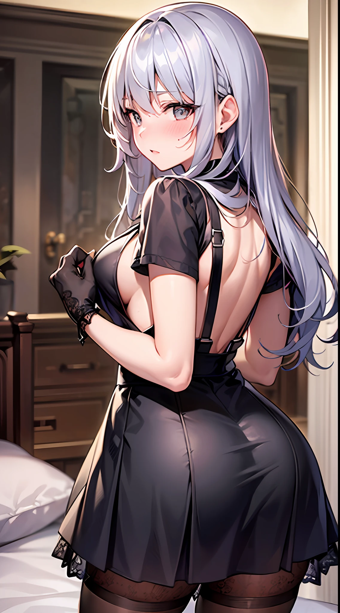 One lady,{Best Quality}, {ultra-detailliert}, {very detailed illustration}, silber hair, Aimei, embarrassed from,breastsout,red blush,Black tie,{Suspender Skirt},suspenders,skirt by the,Casual clothing,a bed,{bustup},turned around,Rear view,s ass