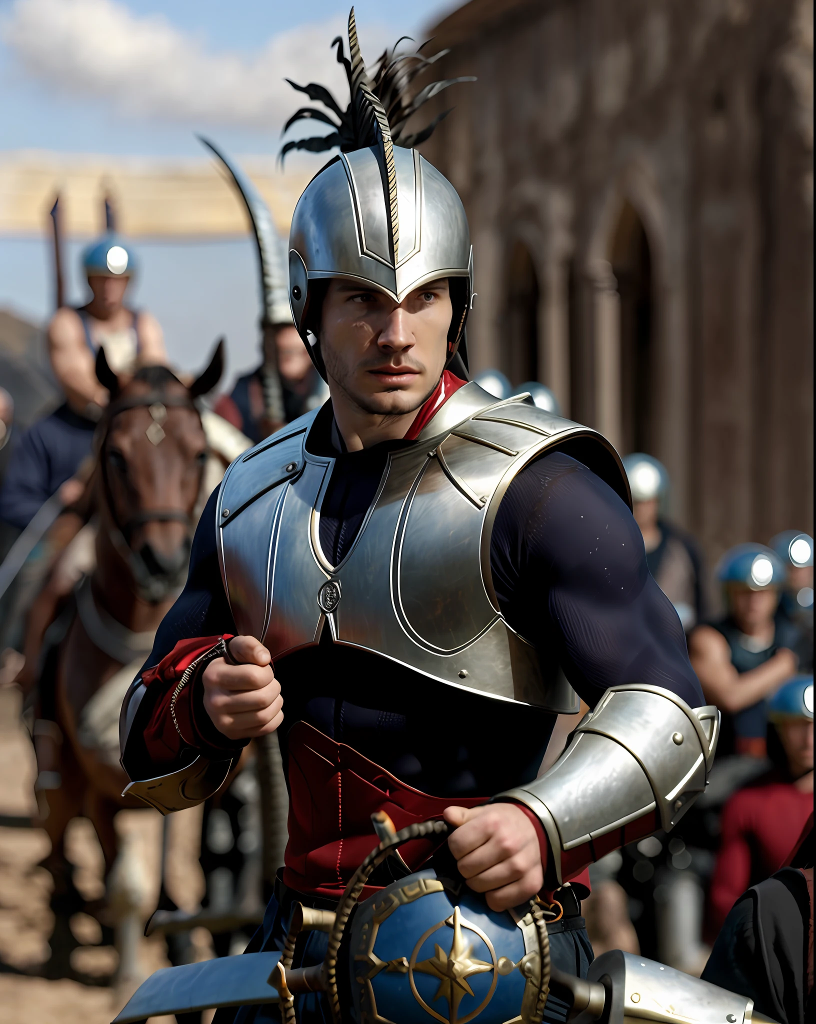 um homem de capacete e armadura montado em um cavalo com uma espada, Henry Cavill como um deus grego, henry cavill is a greek god, na captura de tela do filme 300, Henry Cavill como um guerreiro, jason momoa as assyrian, Hercules, Adam Driver como um guerreiro centauro, Alexandre, Chris Pratt Antigo Corso, biblical epic movie