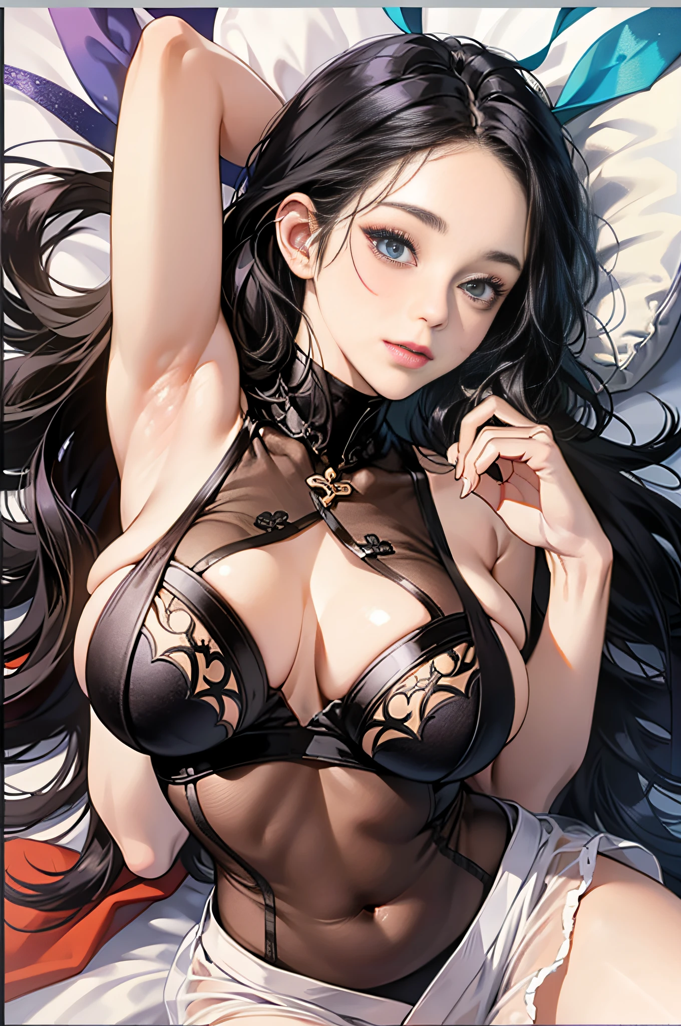 28 year old beautiful woman with attractive long black hair、Double eyelids、Joyful face、One white see-through yukata that sticks to bare skin、very large breast、opened legs、The color and shape of the tip of the chest is visible 、You can see the color and shape of the areola、You can see through a lot of pubic hair、The entire chest shows through、Lie on the bed with your hands stretched above your head、