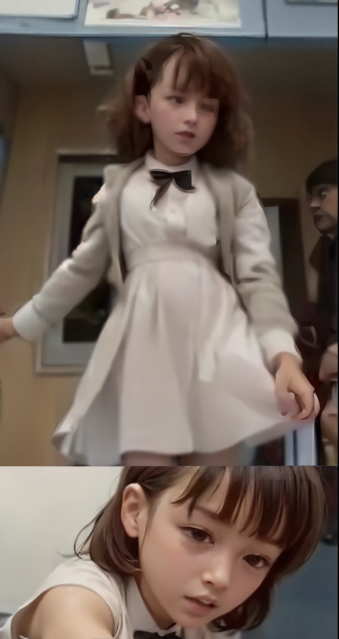 An arafo image of a  in a white dress and a man in a suit, screenshots from movies, movie scene close up, live-action movie scenes, Eleven from《Stranger Things》, still from a music video, screenshot from the 1983 film, still from live action movie, screenshots from movies, video still, wes anderson film screenshot