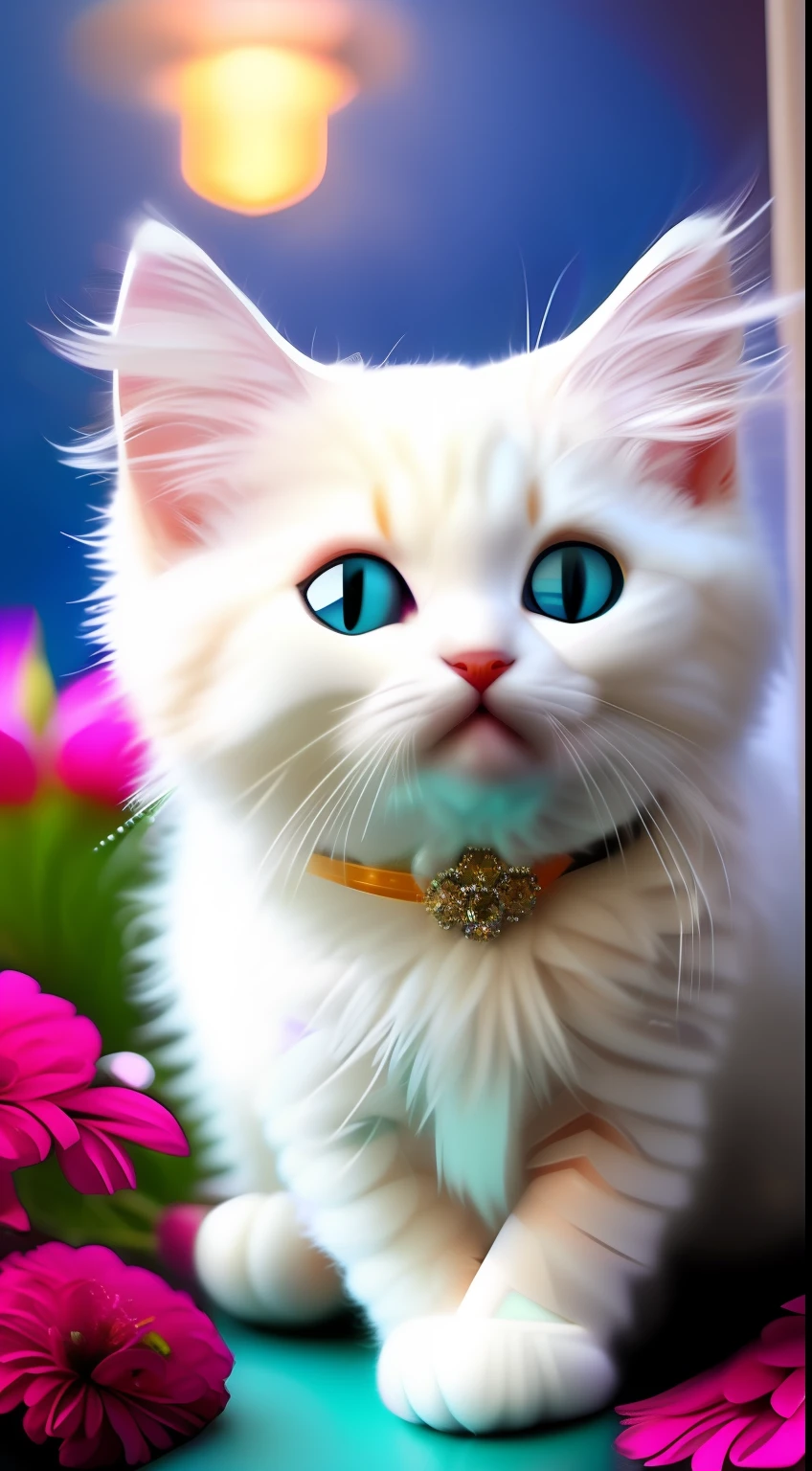 A white-haired kitten， shaggy，sparkle eyes，Jewelry and flowers in the background，ssmile，Funny，Left，Round box，Catstravaganza