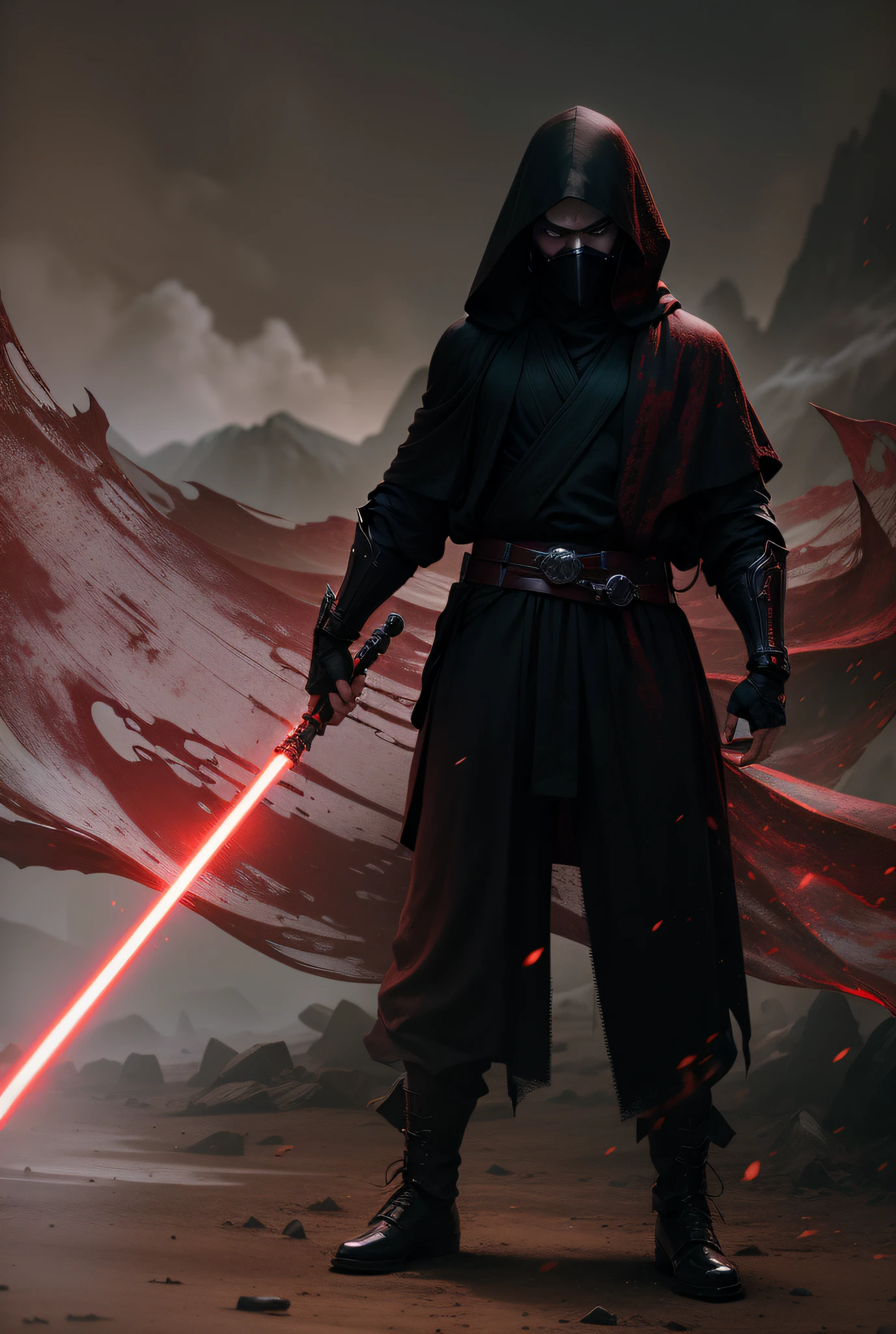 Handsome male,Sharp eyes,Wearing dark robes,holding a red lightsaber, Dramatic lighting, Wearing a black Sith uniform, holding a red lightsaber, Holding a lightsaber 4 K, Red laser, holding laser swords, Jedi and lightsabers, Laser sword,hood, crazy eyes, serious, rape face, anime style, high detail, Pre-Raphaelite Brotherhood, chromatic aberration, image fill, vignetting, stereogram, cinematic lighting, tachi-e, atmospheric perspective, 8k, super detail, ccurate, best quality --auto
