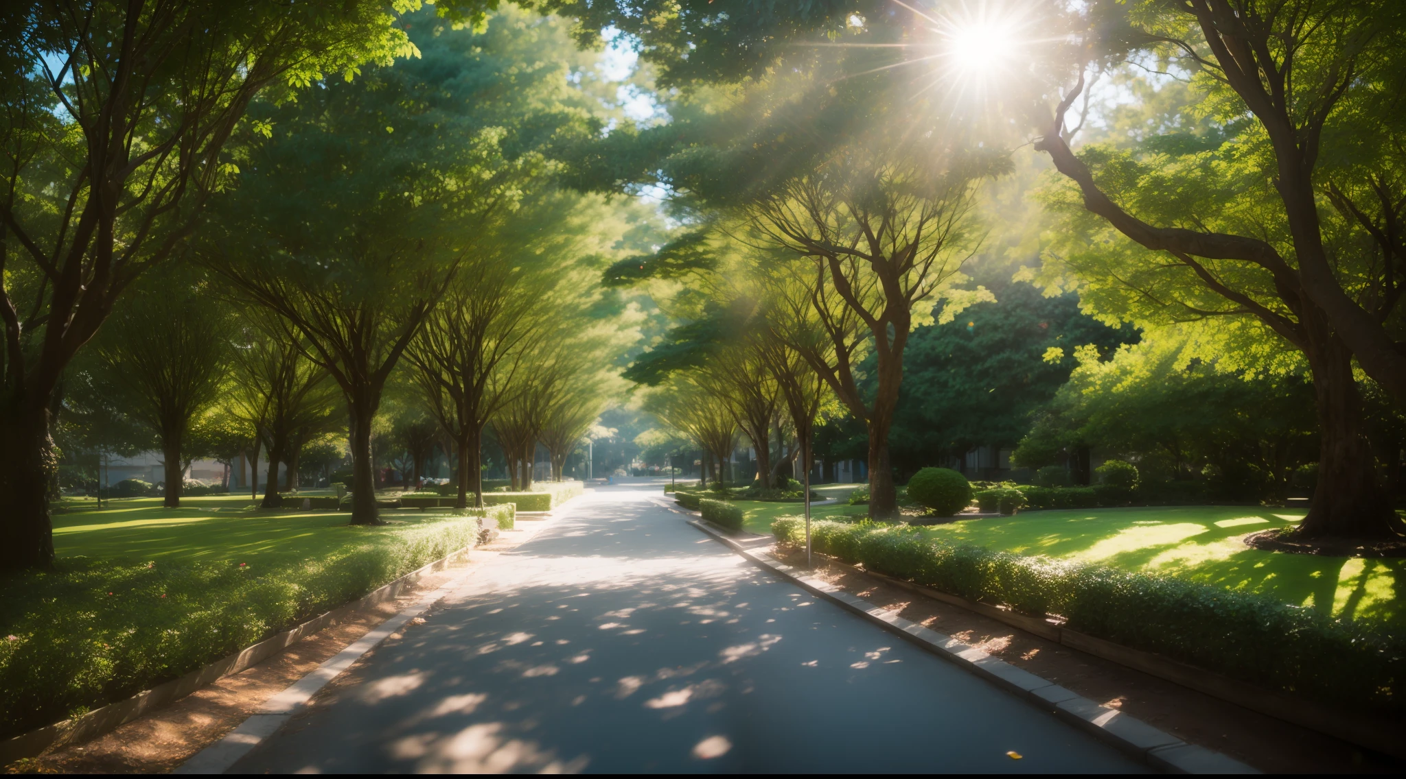 Moanarua Gardens, Big trees, sony a7, film gain, Cinematic lighting, Photorealistic, one-point perspective, 32K, diffuse reflection, colorful shiny particles, Lens Flare, sharp reflection light