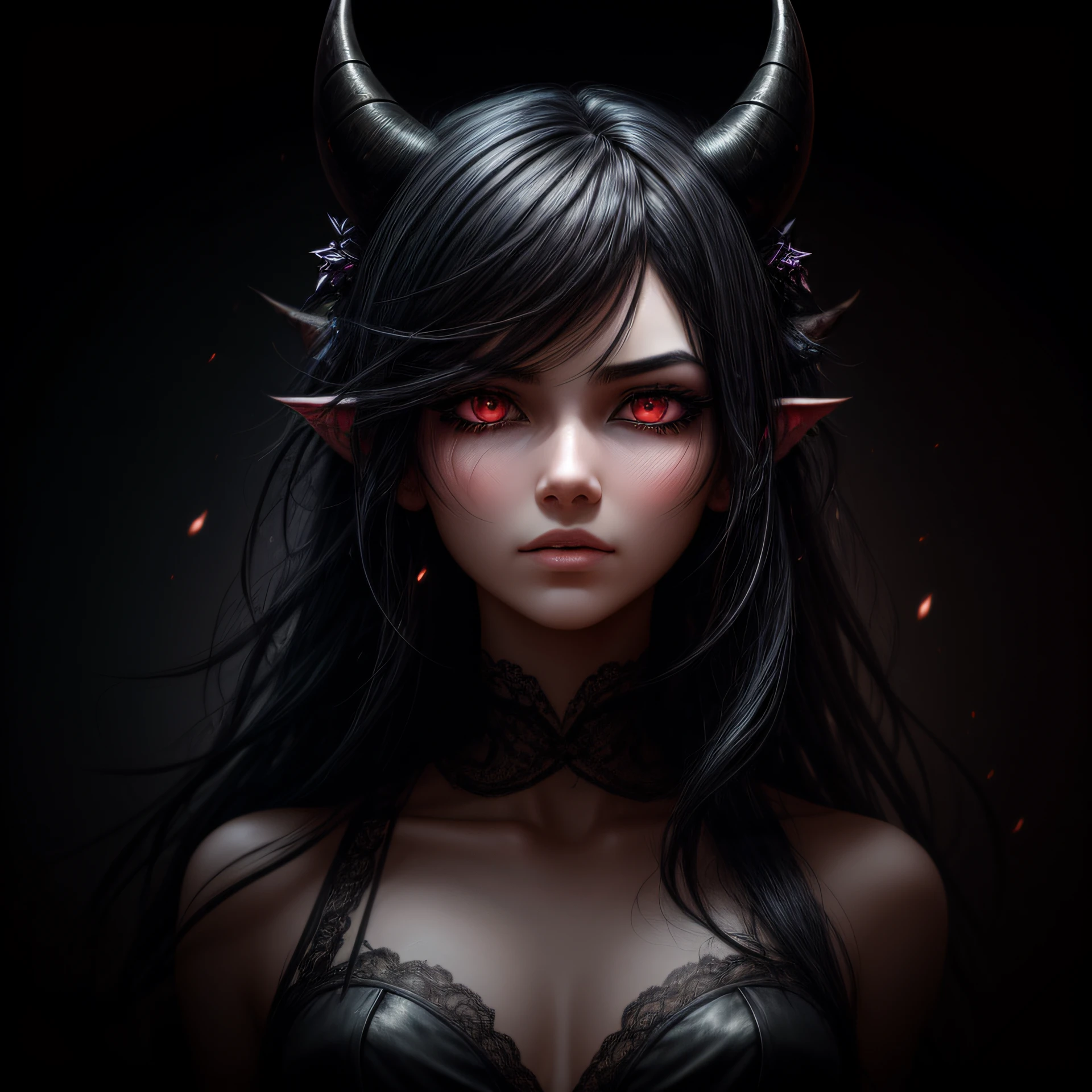 black hair, longeyelashes, ear blush, asymmetrical hair, messy hair, open mouth, demon horns, empty eyes, crazy, evil, Surrealism, drop shadow, anaglyph, stereogram, tachi-e, pov, atmospheric perspective, chiaroscuro, move chart, f/4.0, 35mm, wide shot, 8k, super detail, ccurate, best quality, UHD, masterpiece, ccurate, textured skin, super detail, high details, high quality, award winning, best quality, highres --auto