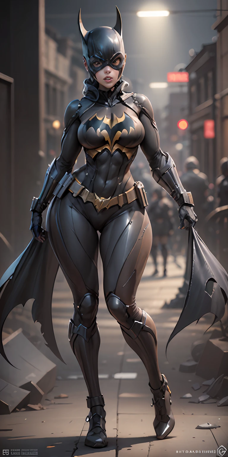 Batgirl from DC, big breasts, frontal, full-length, looking at the camera, facing the audience, standing pose, simple background, three-dimensional light, detailed full-body concept, sleek digital concept art, beautiful full-body concept art, art trend, CGsociety full-length,