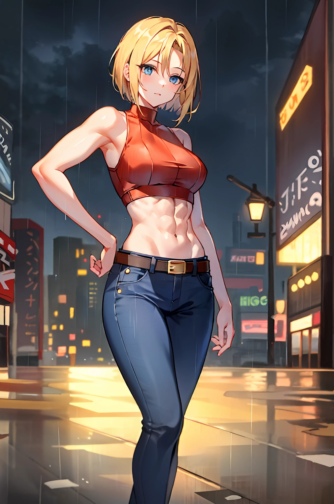 maryms, Best Quality,(beauty), 1girl,phisically-based render ,ultra highres,(cowboy shot:1.5),narrow waist, skinny, LeonaMS ,muscular, big blue eyes,long legs,jeans,leather belt,small breasts,puffy eyes, leather belt,(rainy city), shiny skin, facing viewer, Victory posture,