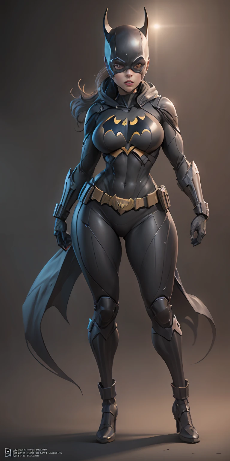 Batgirl from DC, big breasts, frontal, full-length, looking at the camera, facing the audience, standing pose, simple background, three-dimensional light, detailed full-body concept, sleek digital concept art, beautiful full-body concept art, art trend, CGsociety full-length,