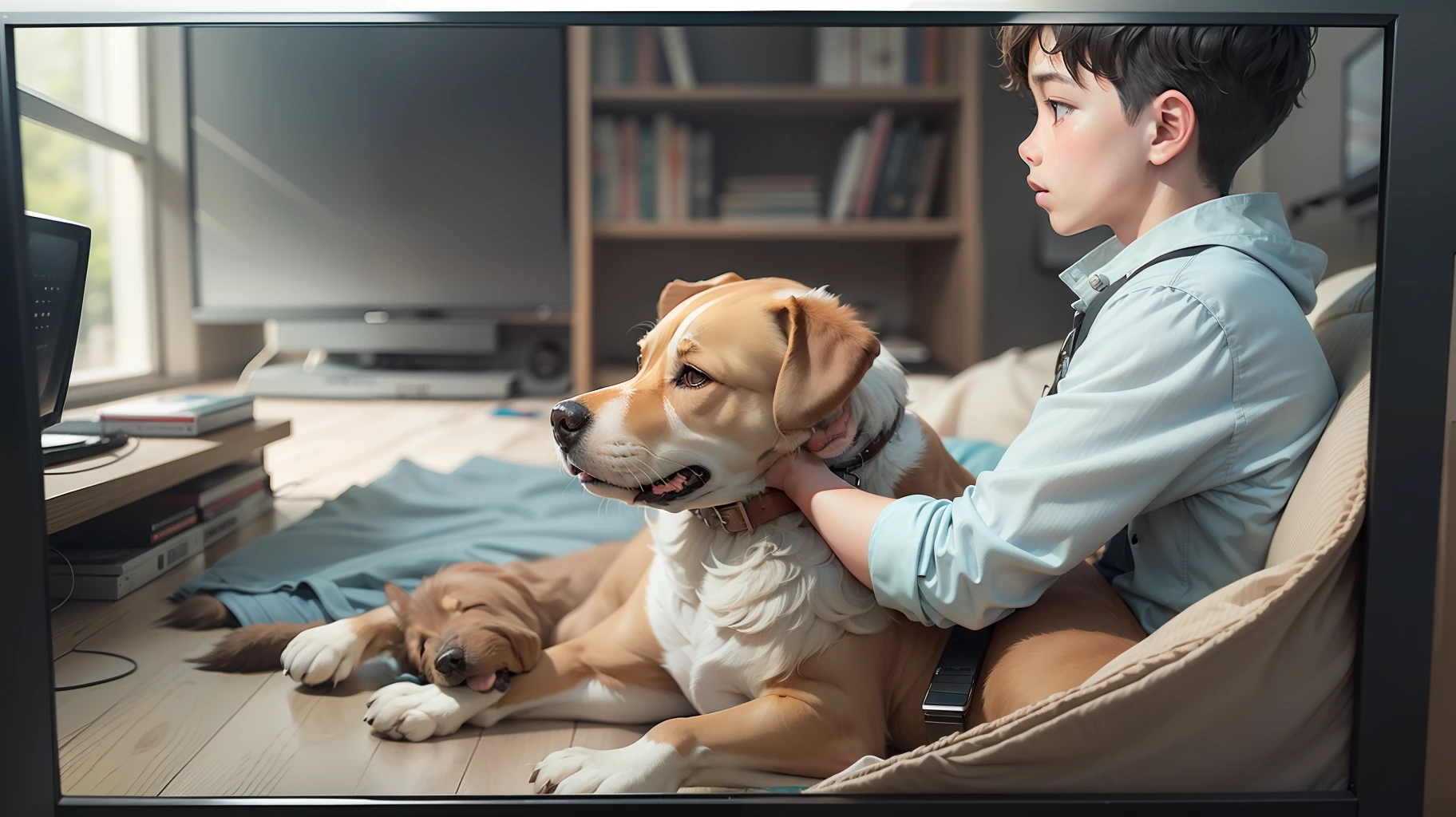 A tv news, showing a boy and his dog.