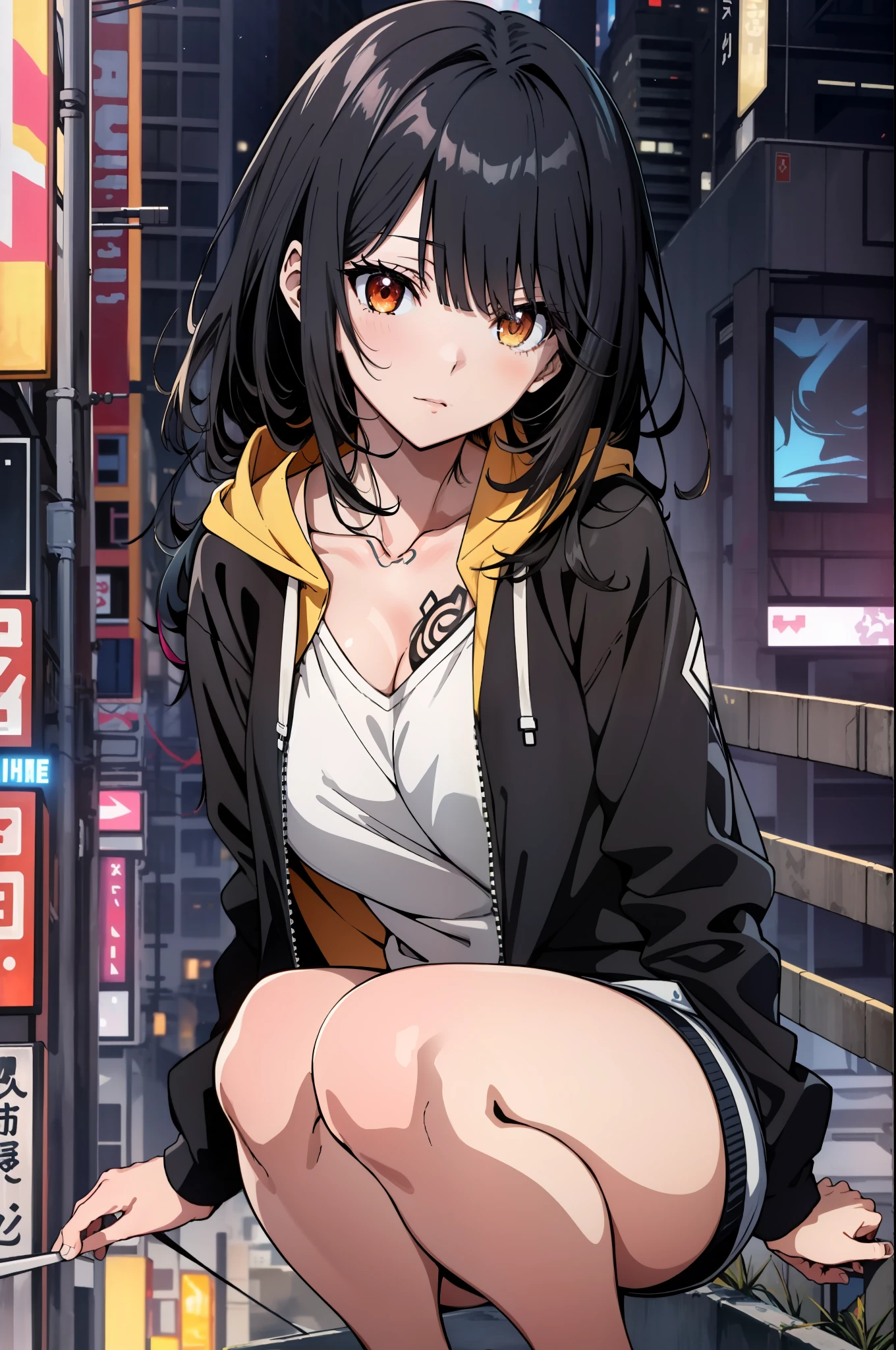 Masterpiece, high quality, best lighting, tokisaki kurumi, black hair, long hair, monochrome, ((right red eye:1, left yellow eye:1)), mini jeans, tattooed, anime girl with big boos sitting on a ledge in the city, seductive anime girl, oppai cyberpunk, cyberpunk anime girl in hoodie, beautiful anime girl squatting, attractive anime girl, cyberpunk anime girl, the anime girl is crouching, ecchi anime style, an anime girl, anime moe artstyle