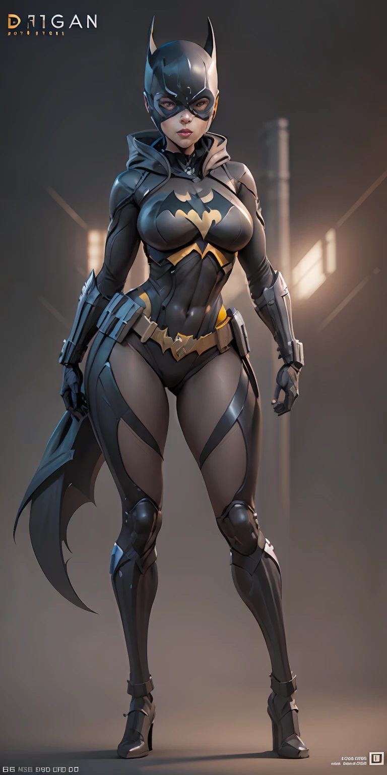 Batgirl from DC, big breasts, frontal, full-length, looking at the camera, facing the audience, standing pose, simple background, three-dimensional light, detailed full-body concept, sleek digital concept art, beautiful full-body concept art, art trend, CGsociety full-length,