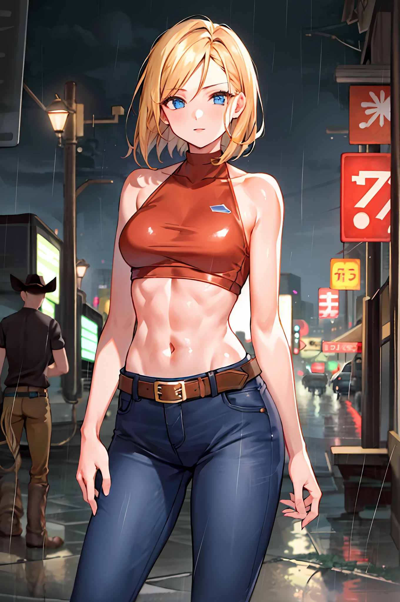 maryms, Best Quality,(beauty), 1girl,phisically-based render ,ultra highres,(cowboy shot:1.5),narrow waist, skinny, LeonaMS ,muscular, big blue eyes,long legs,jeans,leather belt,small breasts,puffy eyes, leather belt,(rainy city), shiny skin, facing viewer, Victory posture,