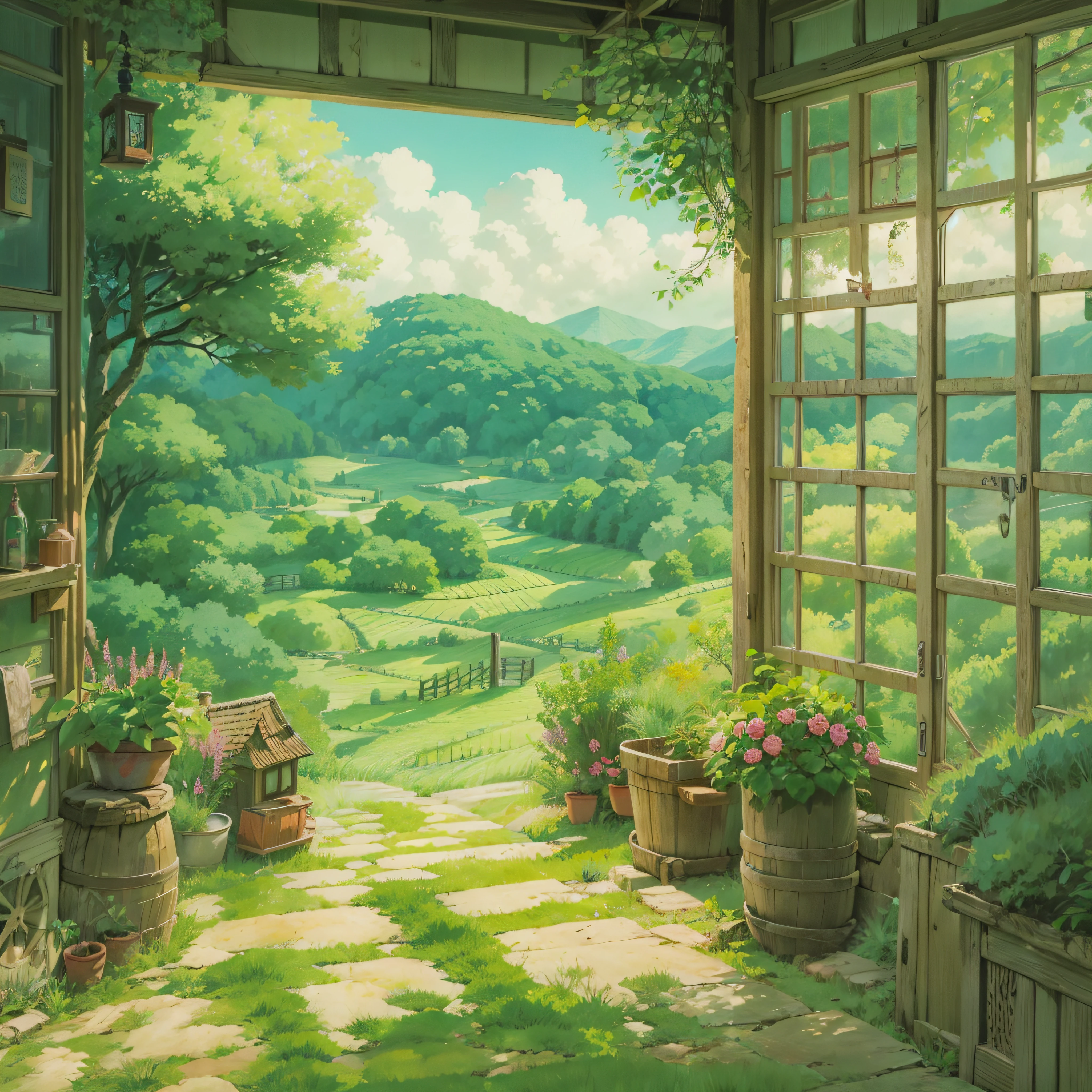 animesque、Background art、Beautiful Landscapes、Deities々Shikai、Natural objects、Studio Ghibli style、You can feel the feel of the brush、countryside view