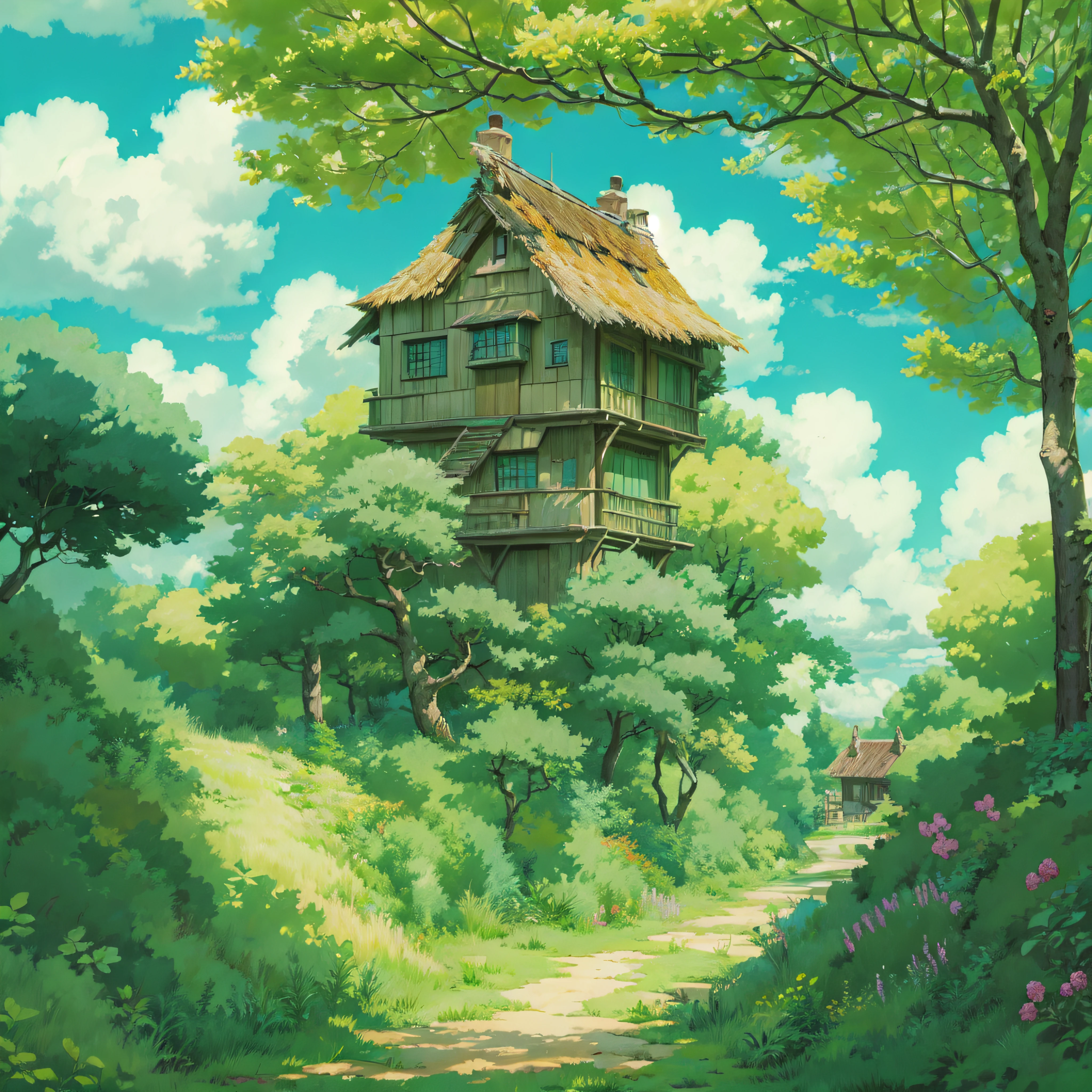animesque、Background art、Beautiful Landscapes、Deities々Shikai、Natural objects、Studio Ghibli style、You can feel the feel of the brush、countryside view、Sky and clouds