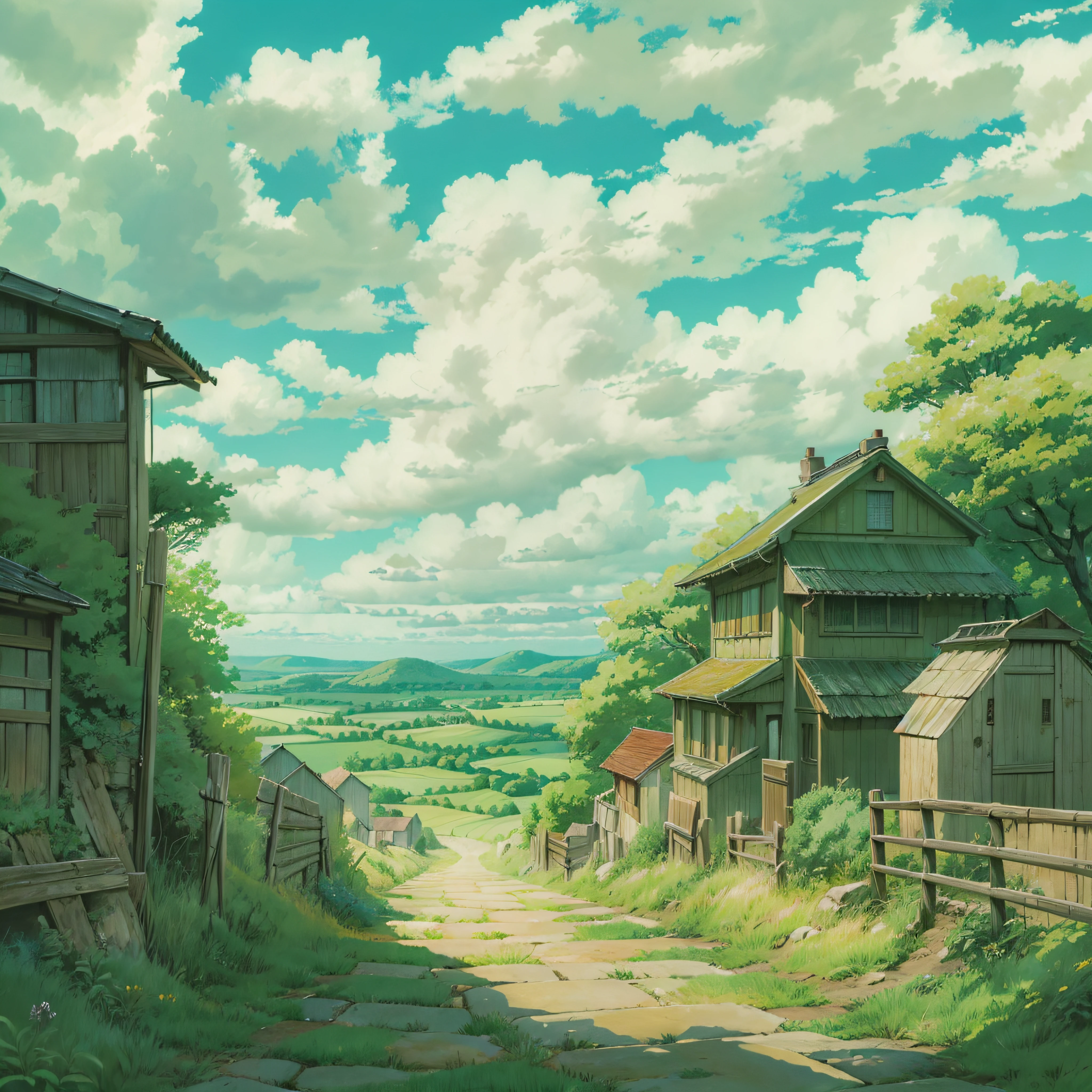 animesque、Background art、Beautiful Landscapes、Deities々Shikai、Natural objects、Studio Ghibli style、You can feel the feel of the brush、countryside view、Sky and clouds