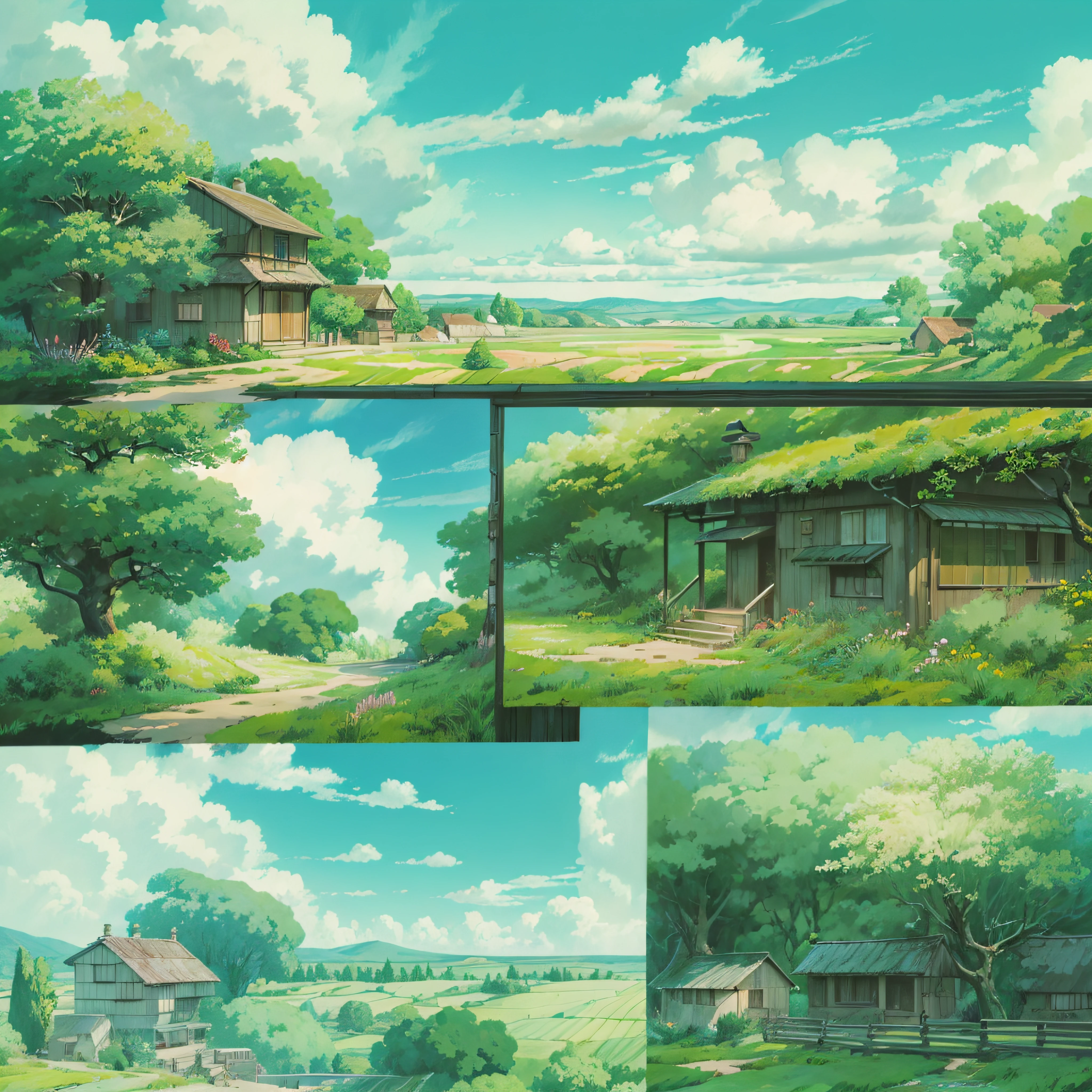 animesque、Background art、Beautiful Landscapes、Deities々Shikai、Natural objects、Studio Ghibli style、You can feel the feel of the brush、countryside view、Sky and clouds