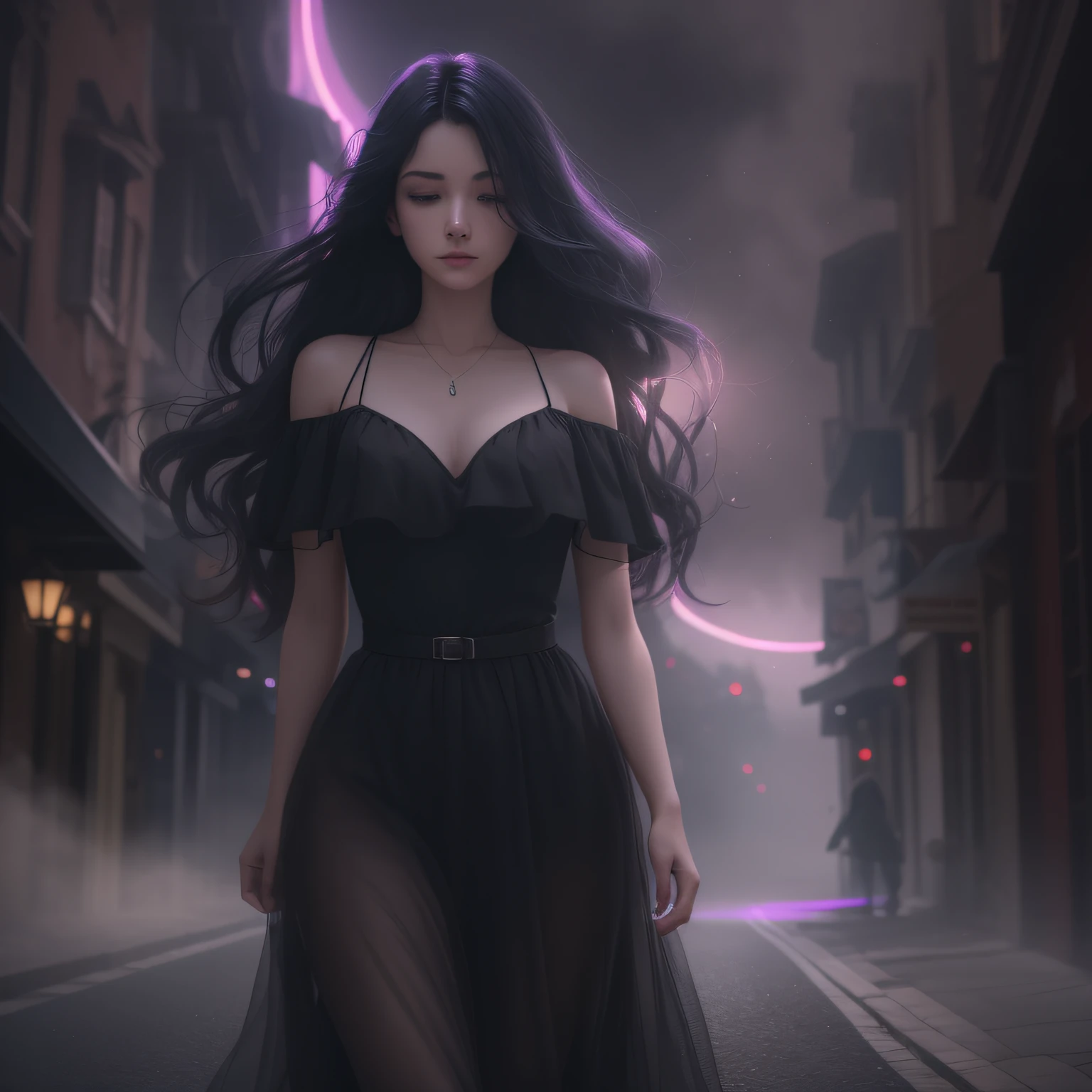 Woman walking head-on down a road at night, with fog and shadows, wavy and long black hair, hand hidden, high quality, ultra-detailed, 8k, masterpiece, (volumetric lighting), black magic, fanciful, lilac colors, purple, black and vivid shadows on the woman's return. --auto --s2