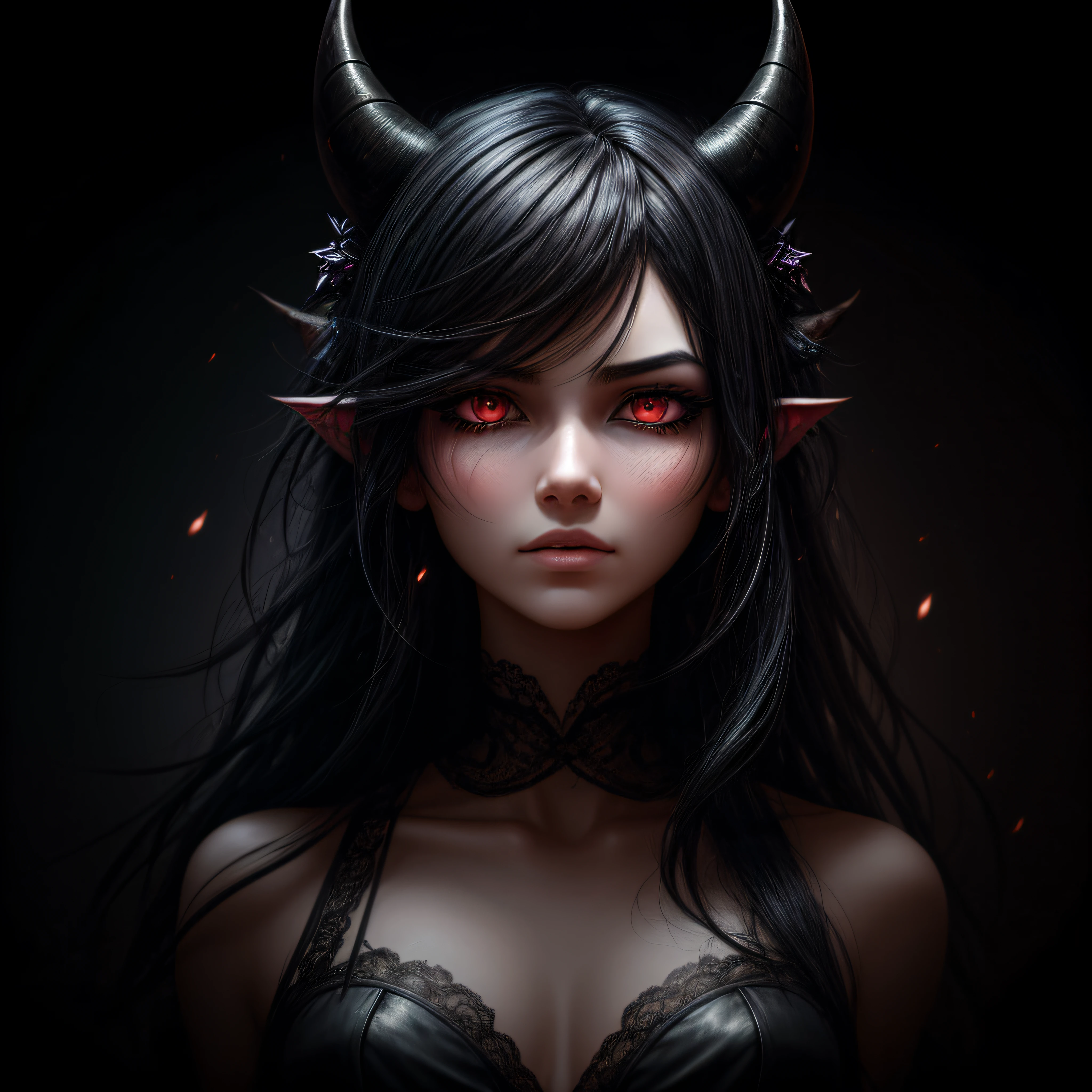 black hair, longeyelashes, ear blush, asymmetrical hair, messy hair, open mouth, demon horns, empty eyes, crazy, evil, Surrealism, drop shadow, anaglyph, stereogram, tachi-e, pov, atmospheric perspective, chiaroscuro, move chart, f/4.0, 35mm, wide shot, 8k, super detail, ccurate, best quality, UHD, masterpiece, ccurate, textured skin, super detail, high details, high quality, award winning, best quality, highres --auto