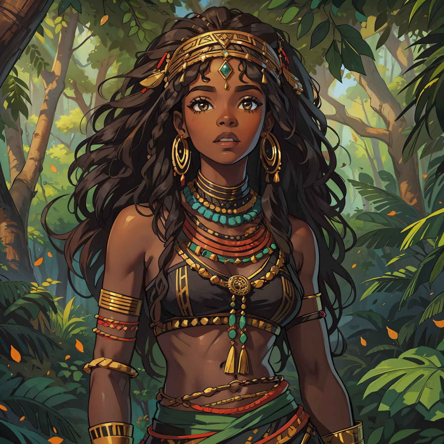 A beautiful black woman with black African skin, she is a princess of the forest, wearing tribal costumes with various African tribal accessories, by the body, cultural wakanda, Africans, she has wavy hair, curly brown hair, a beautiful sweet-looking woman, skinny;