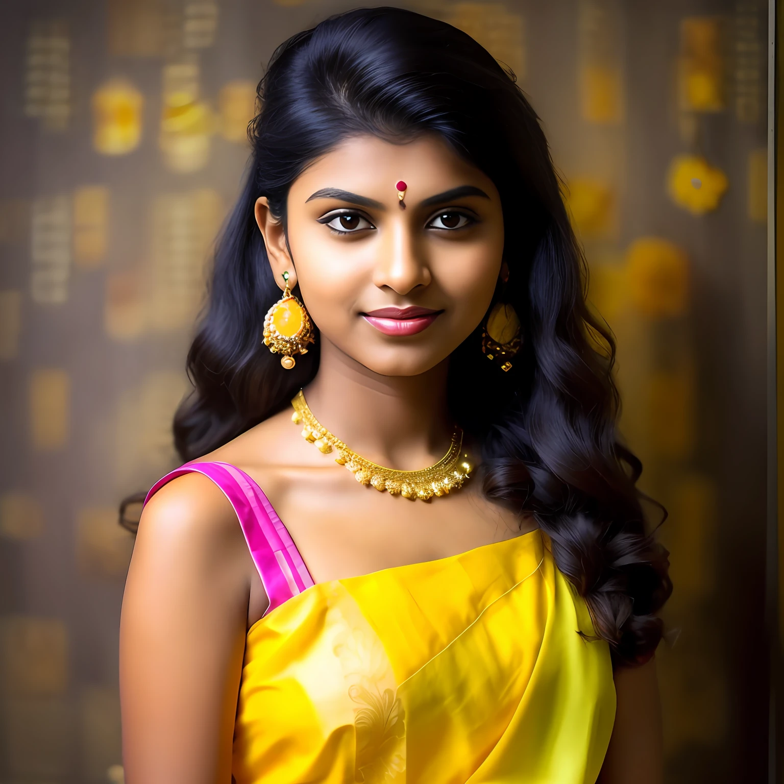 arafed woman in a yellow sari with a necklace and earrings, indian girl with brown skin, gorgeous young model, traditional female hairstyles, beautiful young girl, traditional beauty, photo taken with nikon d750, photo taken with nikon d 7 5 0, very beautiful girl, cute young girl, young and cute girl, very pretty model, a beautiful young woman, generate each image with different dress colors, jewelllery