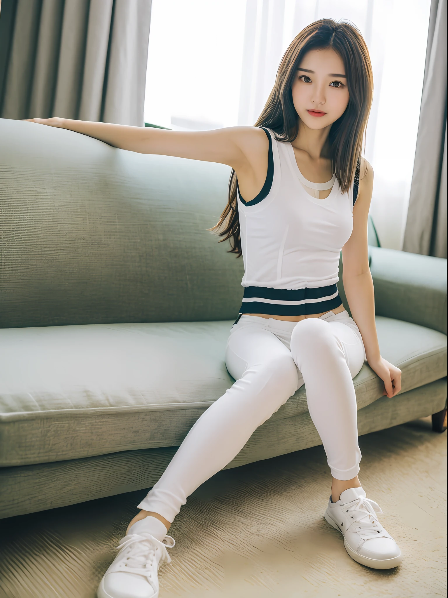 ((Best picture quality, 8K, tmasterpiece:1.3)),(1girll),Long hair with a shawl,Ultra-fine face,A detailed eye,ssmile,Small chest,Slender abs,The butt is upturned,((White letter vest,Long white pants,white legwear,White sneakers,The legs are long and thin,a variety of poses,Lying on the sofa,Magazine in front of the sofa,Behind the sofa are curtains)),