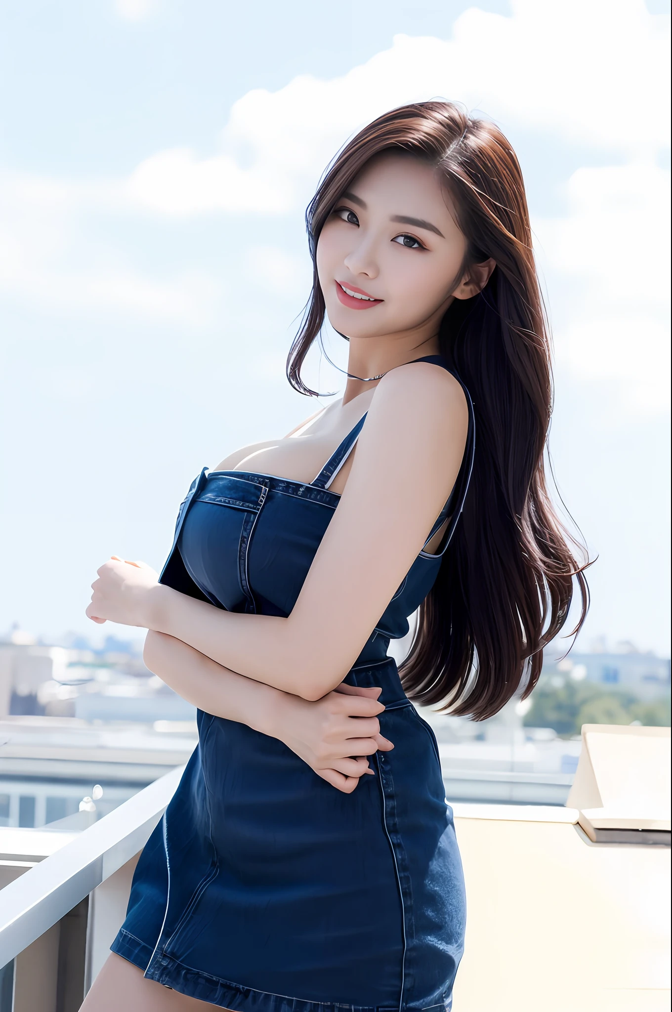 ((Midnight, Best quality, 8k, Masterpiece :1.3)), Whole body, Long legs, Sharp focus :1.2, A pretty woman with perfect figure :1.4, Slender abs :1.1, ((Dark brown hair, Big breasts :1.2)), (White tight tshirt, Jean bib, Standing:1.2), ((Night city view, Rooftop:1.3)), Highly detailed face and skin texture, Detailed eyes, Double eyelid