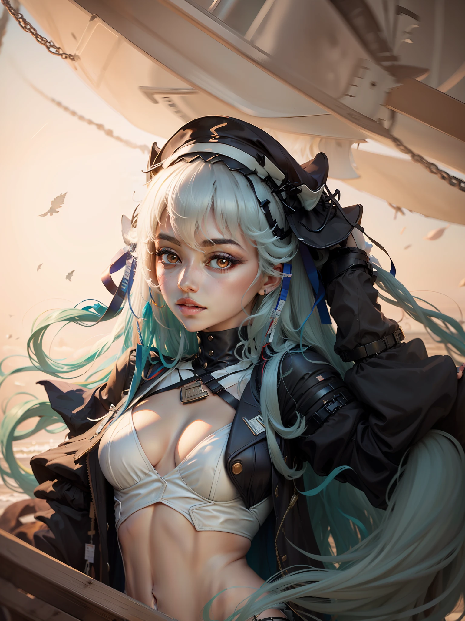 Vivid colors，1girll，The upper part of the body，Wavy hairstyles，dual horsetail