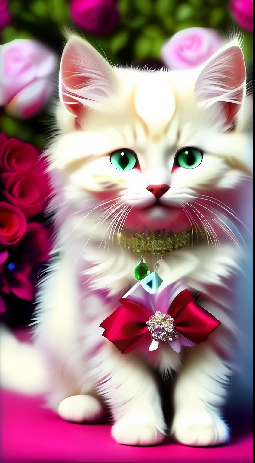 A white-haired kitten, shaggy,sparkle eyes,Jewelry and flowers in the background,ssmile,Funny,Left,Round box,Catstravaganza