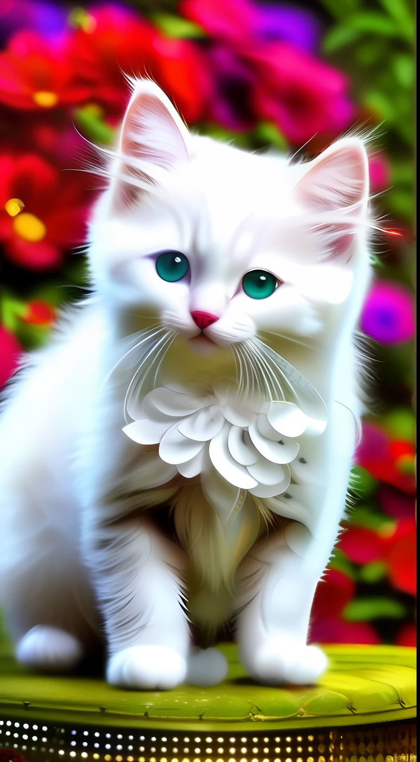 A white-haired kitten， shaggy，sparkle eyes，Jewelry and flowers in the background，ssmile，Funny，Left，Round box，Catstravaganza