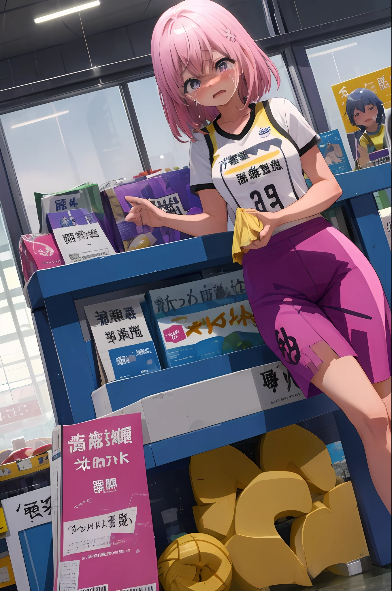 Momovelia Deviluk、A pink-haired、a purple eye、shorth hair、Sports Warehouse、お漏らし、Blushing and crying、Touching the crotch