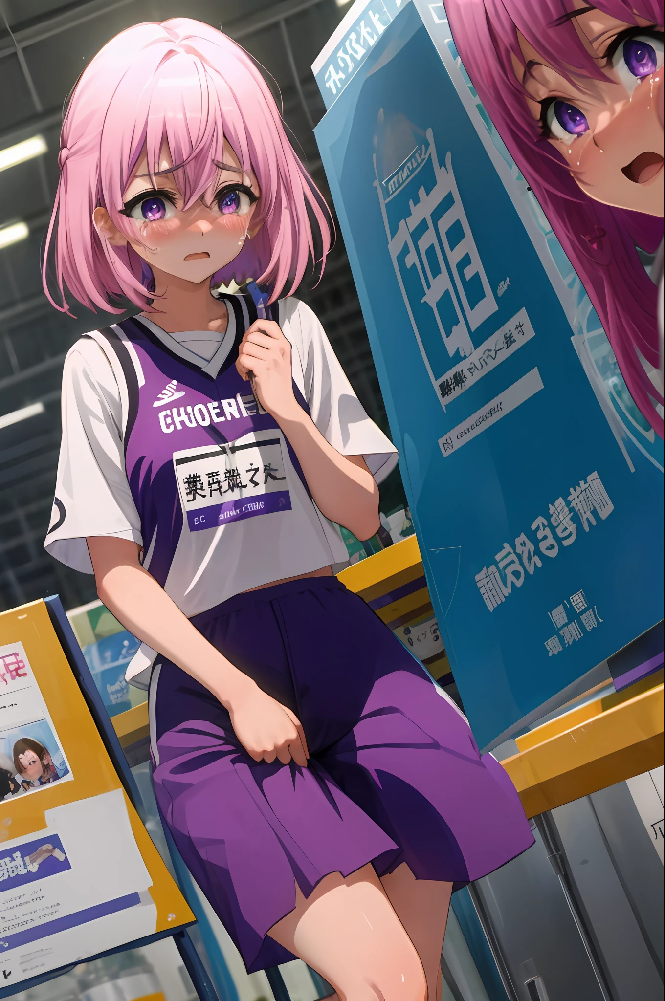 Momovelia Deviluk、A pink-haired、a purple eye、shorth hair、Sports Warehouse、お漏らし、Blushing and crying、Touching the crotch