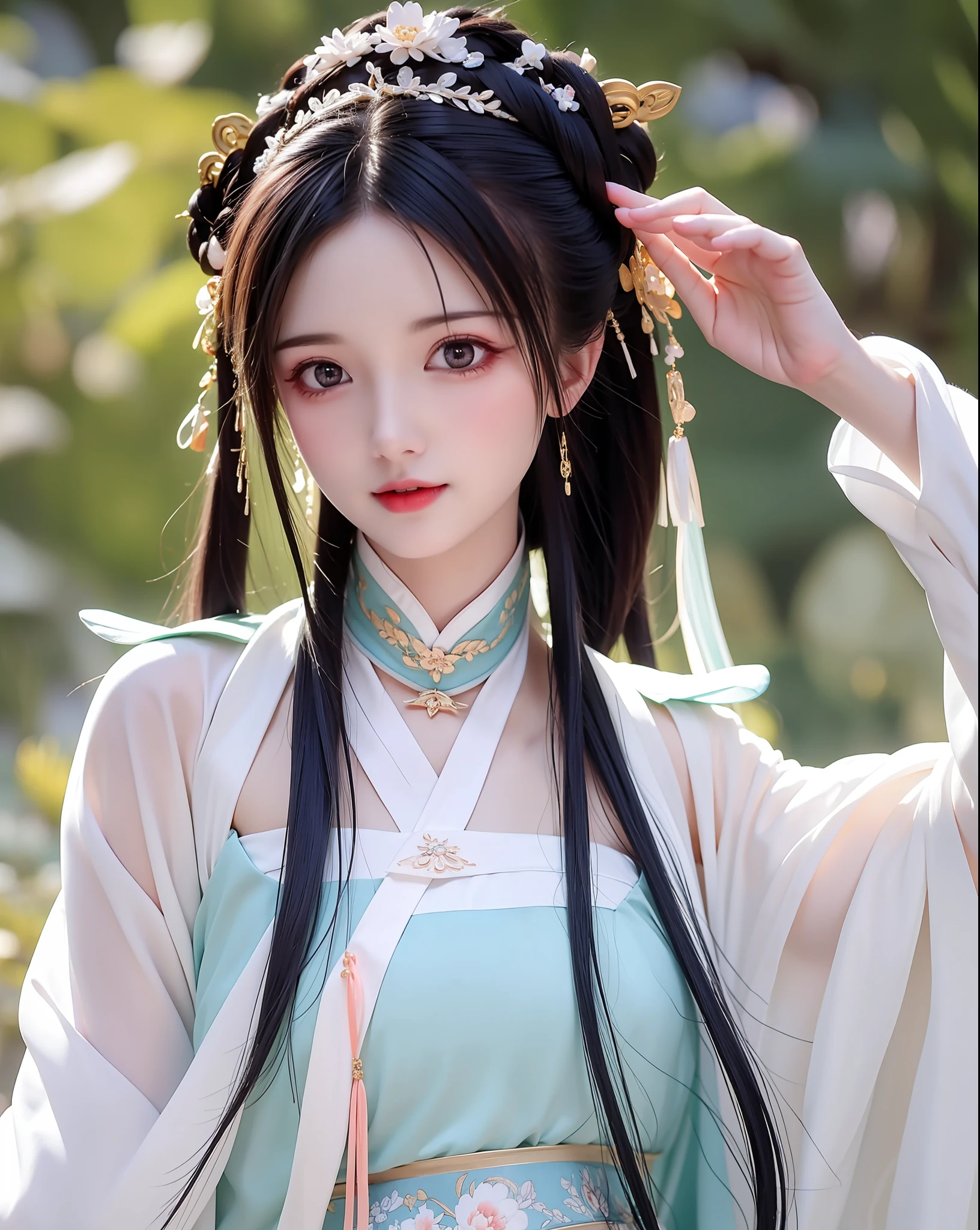 (Daisaku),(Need),(Super meticulous),best qualtiy，tmasterpiece，A high resolution，a beauti，Blushlush，Bright big eyes,Chinese Hanfu，Luxurious tiara，White light gauze Hanfu，holding a longsword, Xianxia, conservativelydressed，choker necklace，jewelry，beautfully face，Half-life portrait，4k，(beautiful  detailed face),(美丽细致的眼睛)k hd，Unbeatable masterpiece，（Delicate facial portrayal）（Fine hair portrayal）（highest  quality）（Master masterpieces）（High degree of completion）（bust）（a sense of atmosphere）（faeries）